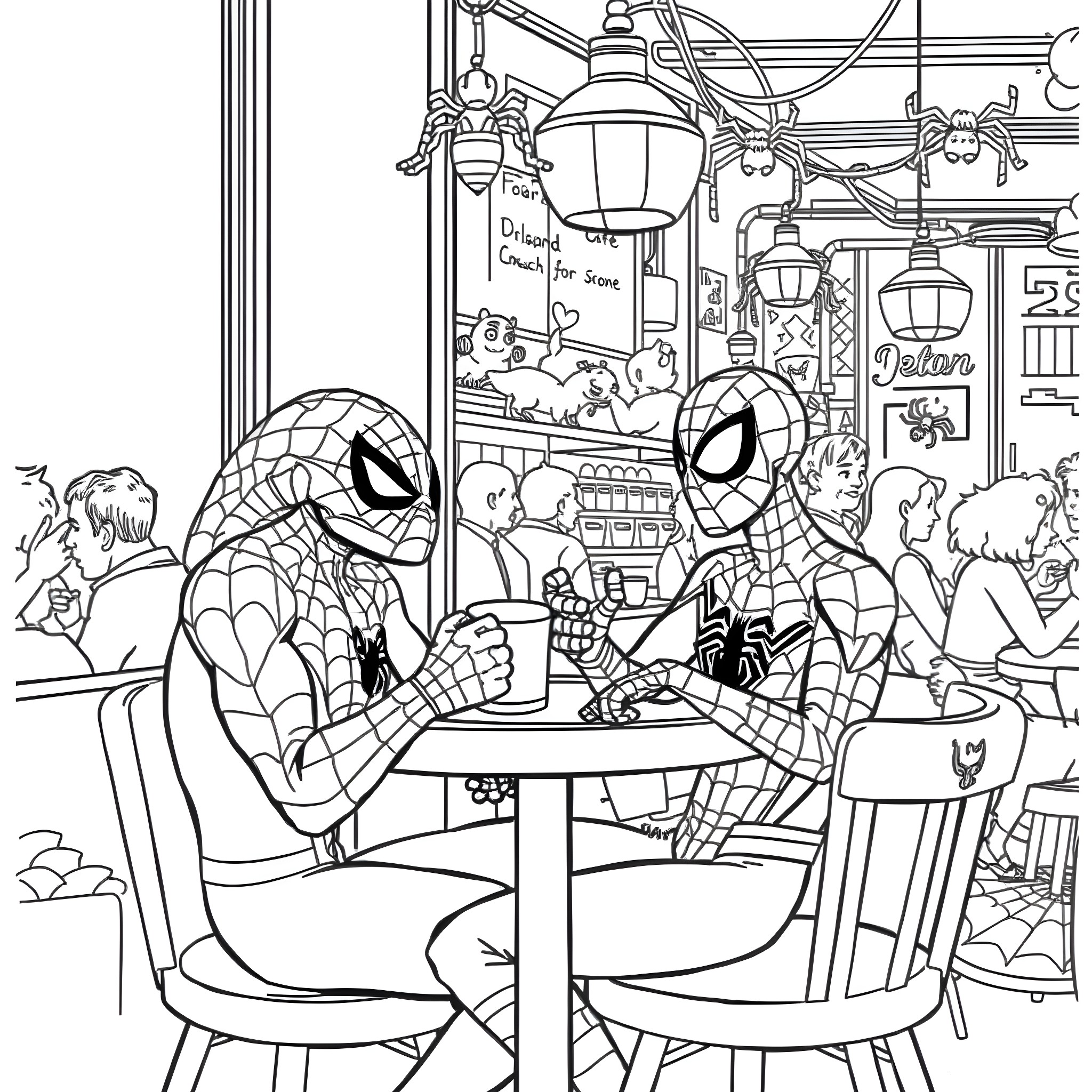 Spider-Man Duo Enjoying Cafe Conversation Coloring Page (free black-and-white line drawing printable PDF for all, from beginners to advanced learners, including children, teens, adults, and seniors)