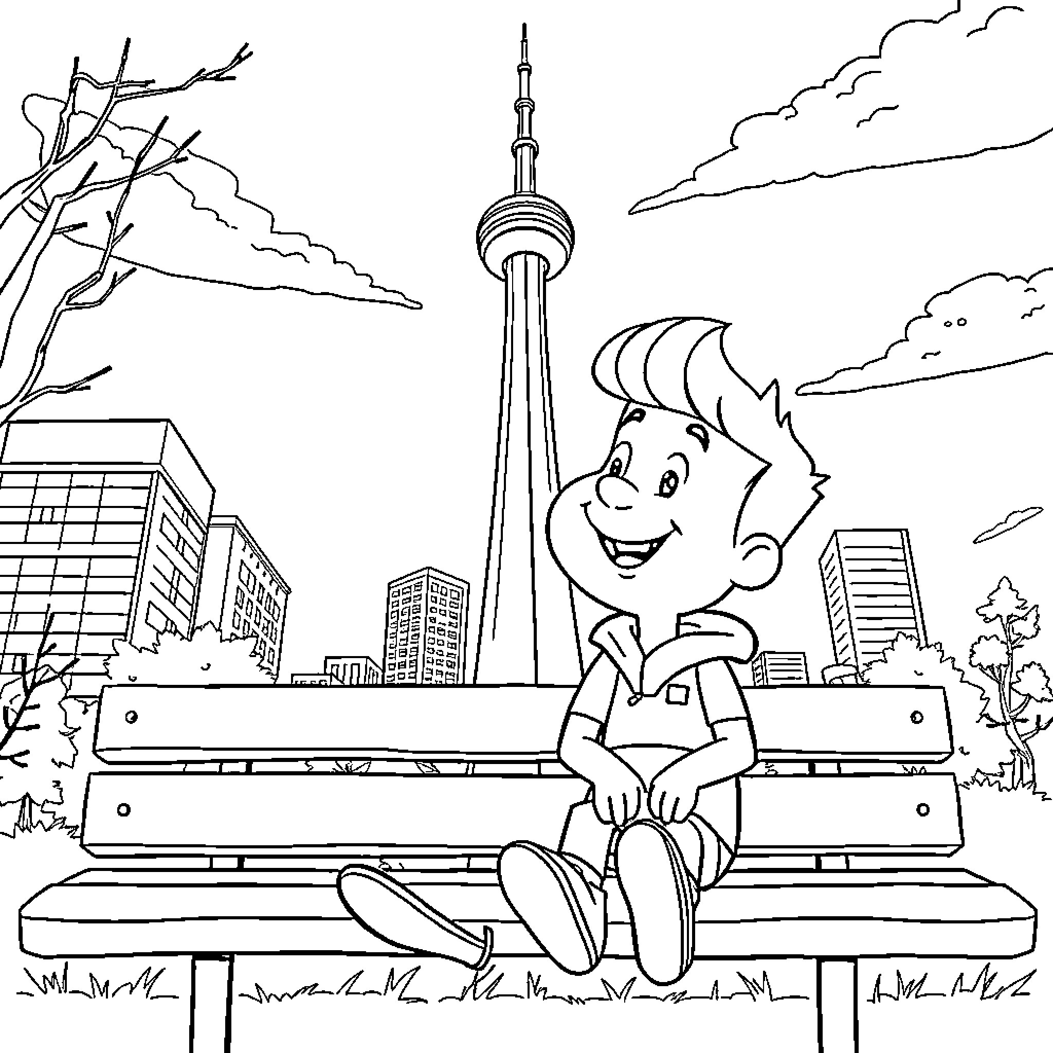 Max Thunderman enjoys the sights of the city Coloring Page (free black-and-white line drawing printable PDF for all, from beginners to advanced learners, including children, teens, adults, and seniors)