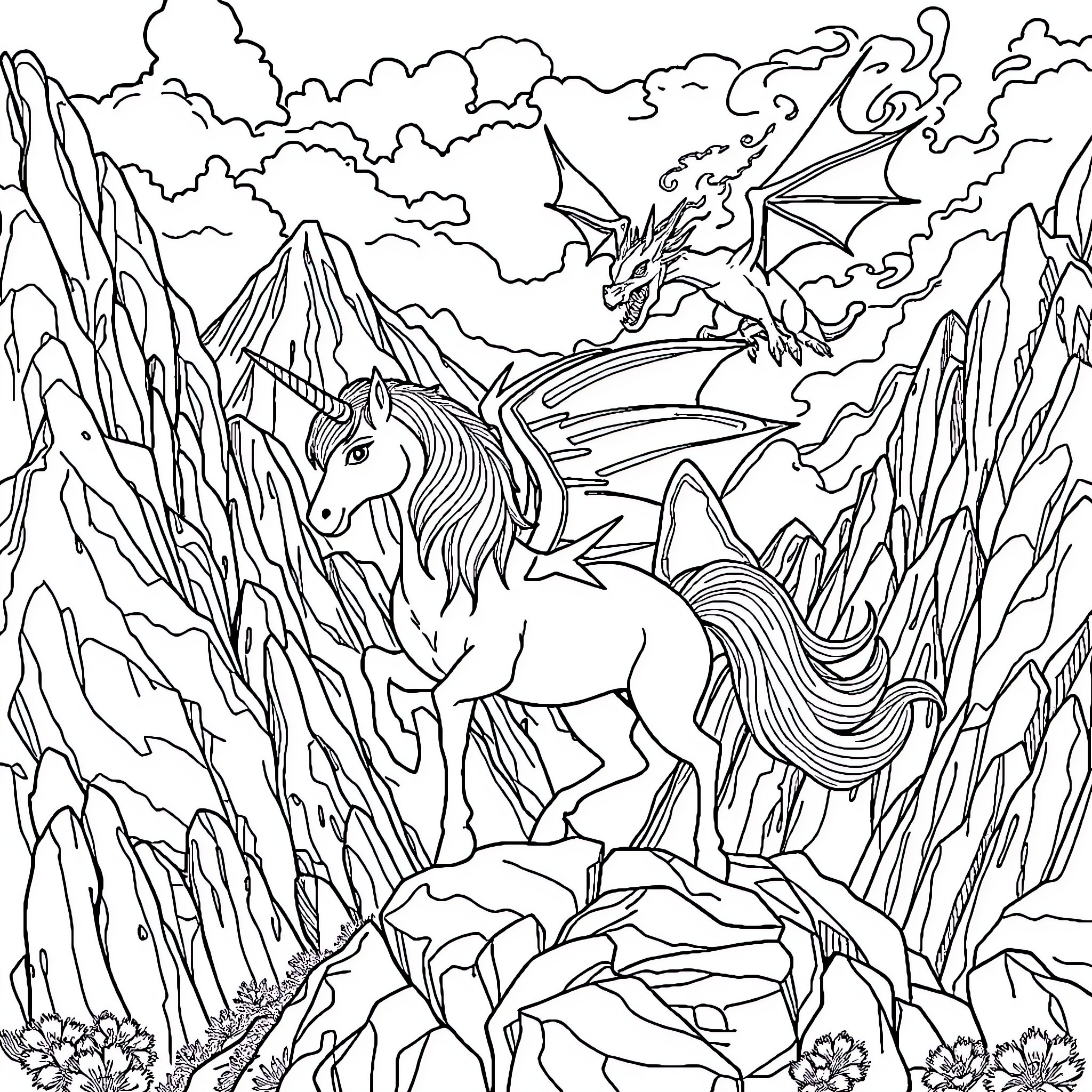Dragon and Unicorn in Mystical Landscape Coloring Page (free black-and-white line drawing printable PDF for all, from beginners to advanced learners, including children, teens, adults, and seniors)