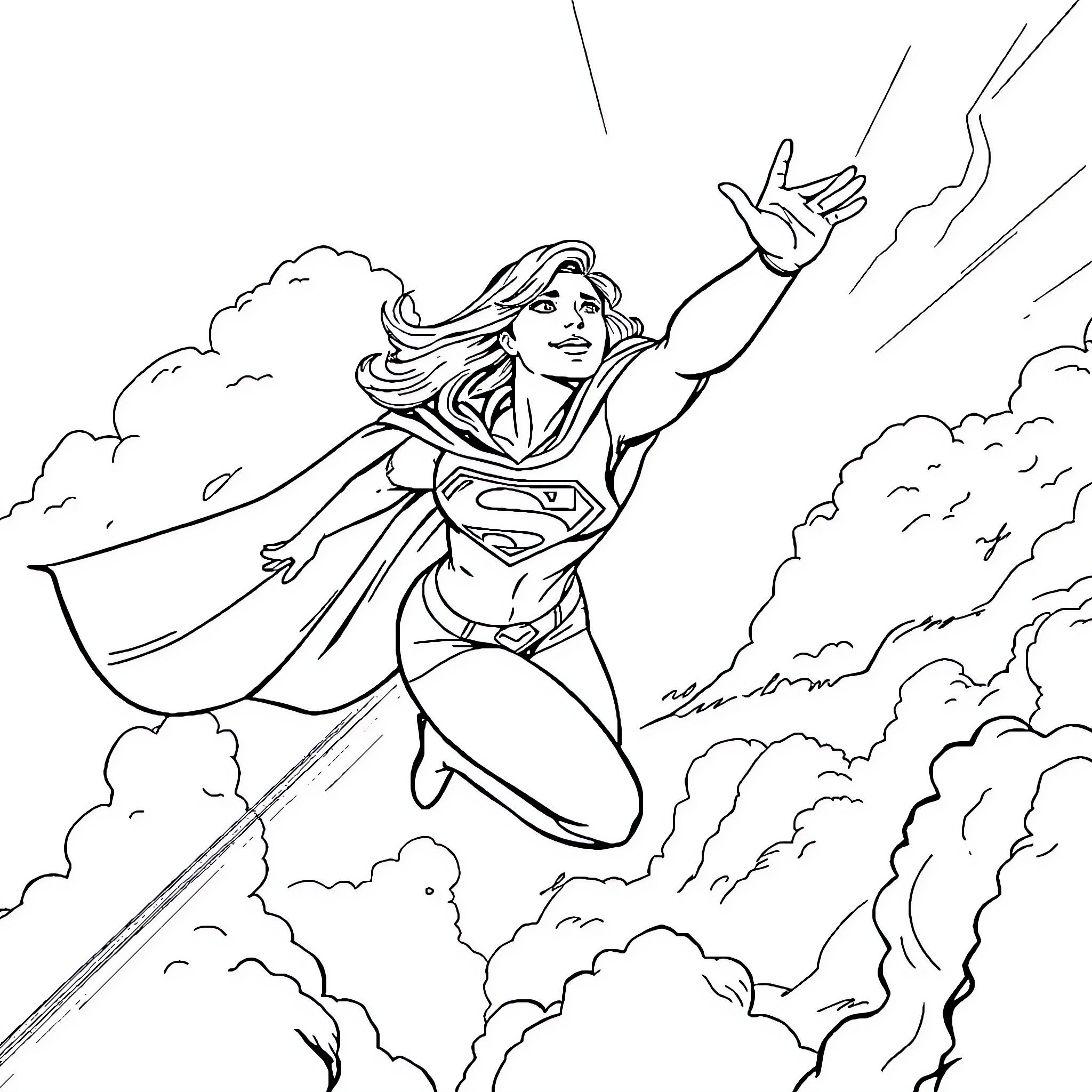 Supergirl soaring through the skies with determination Coloring Page (free black-and-white line drawing printable PDF for all, from beginners to advanced learners, including children, teens, adults, and seniors)
