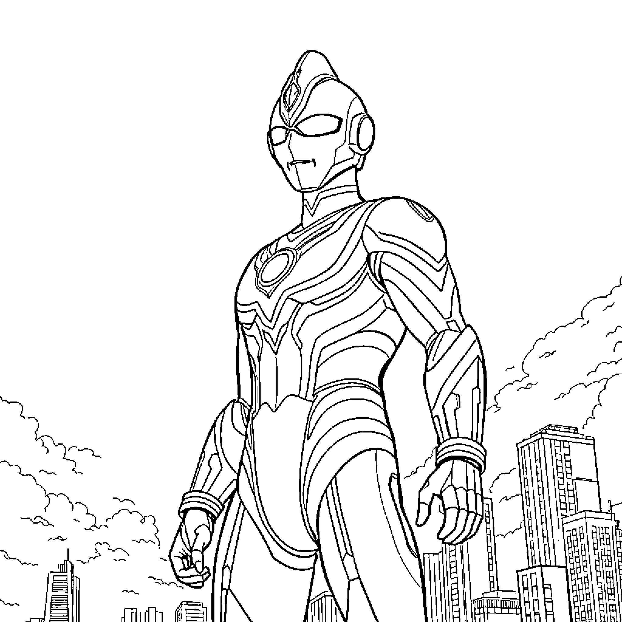 Ultraman standing heroically in the city Coloring Page (free black-and-white line drawing printable PDF for all, from beginners to advanced learners, including children, teens, adults, and seniors)