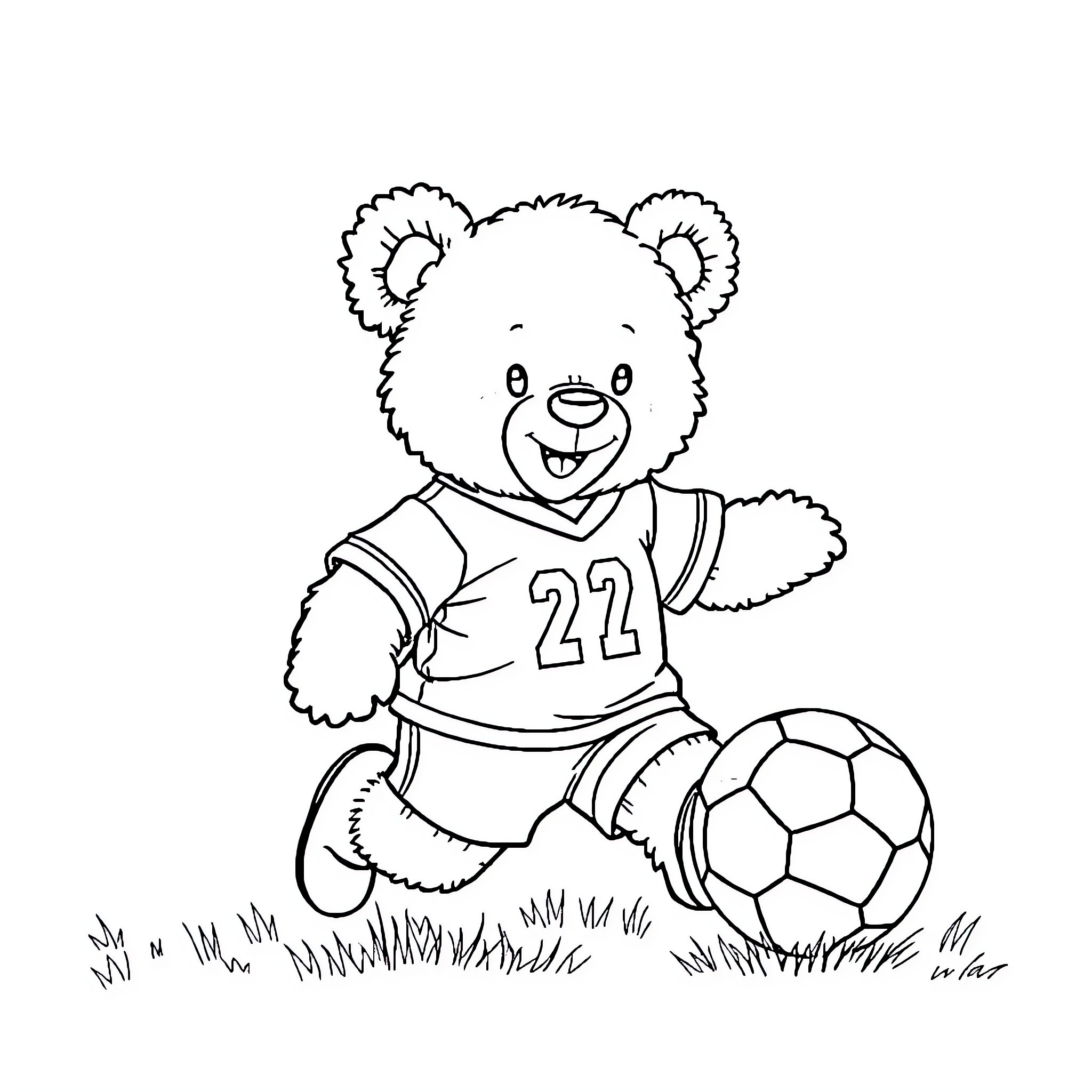 Teddy Bear playing soccer on the field Coloring Page (free black-and-white line drawing printable PDF for all, from beginners to advanced learners, including children, teens, adults, and seniors)