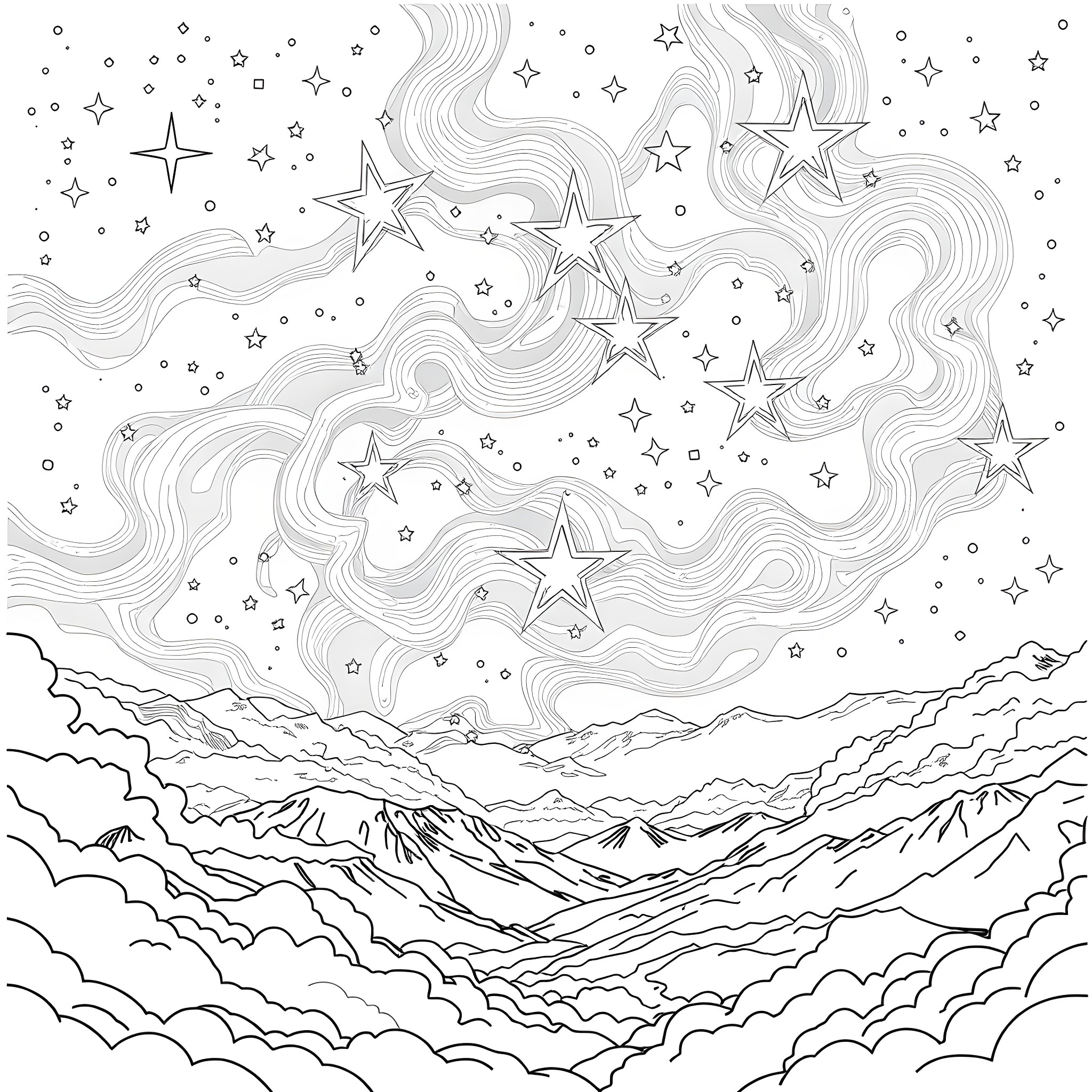Star-filled Celestial Sky over Mountainous Landscape Coloring Page (free black-and-white line drawing printable PDF for all, from beginners to advanced learners, including children, teens, adults, and seniors)