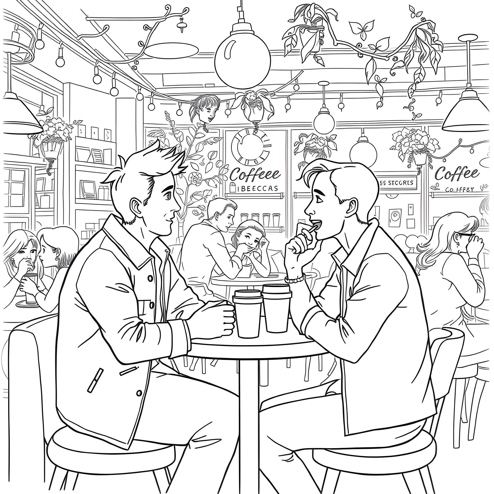 People chatting over coffee in a cozy cafe Coloring Page (free black-and-white line drawing printable PDF for all, from beginners to advanced learners, including children, teens, adults, and seniors)
