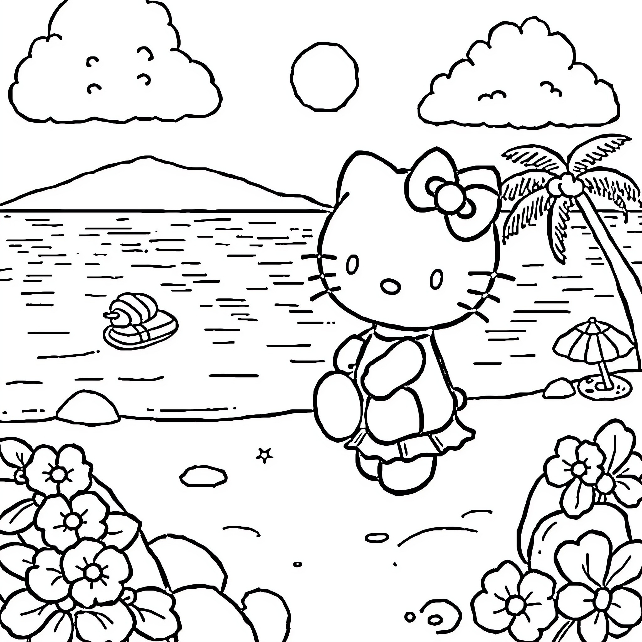 Hello Kitty enjoys a sunny day at the beach Coloring Page (free black-and-white line drawing printable PDF for all, from beginners to advanced learners, including children, teens, adults, and seniors)