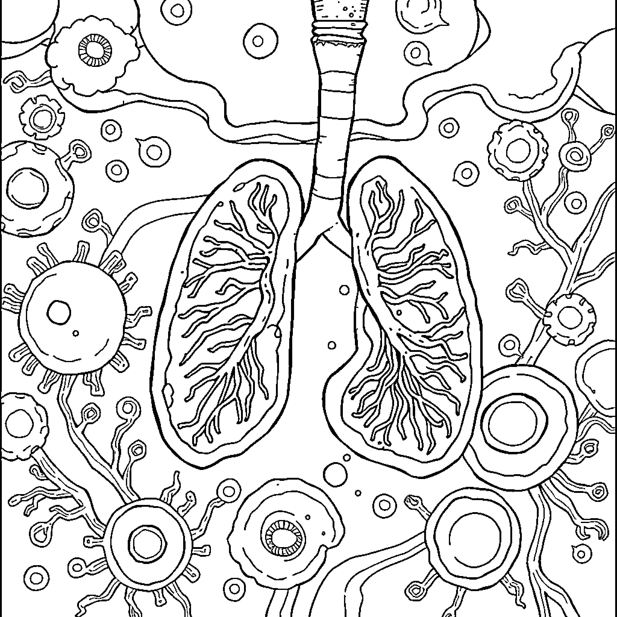 Cell Anatomy Illustration with Virus Particles Coloring Page (free black-and-white line drawing printable PDF for all, from beginners to advanced learners, including children, teens, adults, and seniors)
