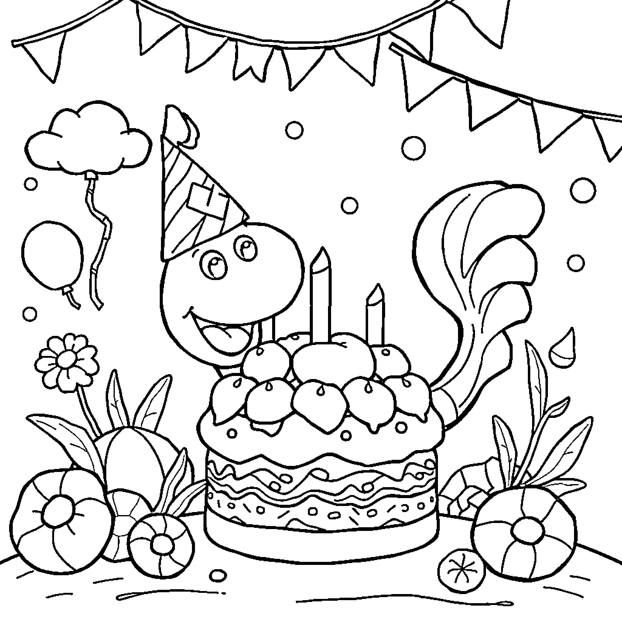 Salamech's Birthday Party with Cake and Balloons Coloring Page (free black-and-white line drawing printable PDF for all, from beginners to advanced learners, including children, teens, adults, and seniors)