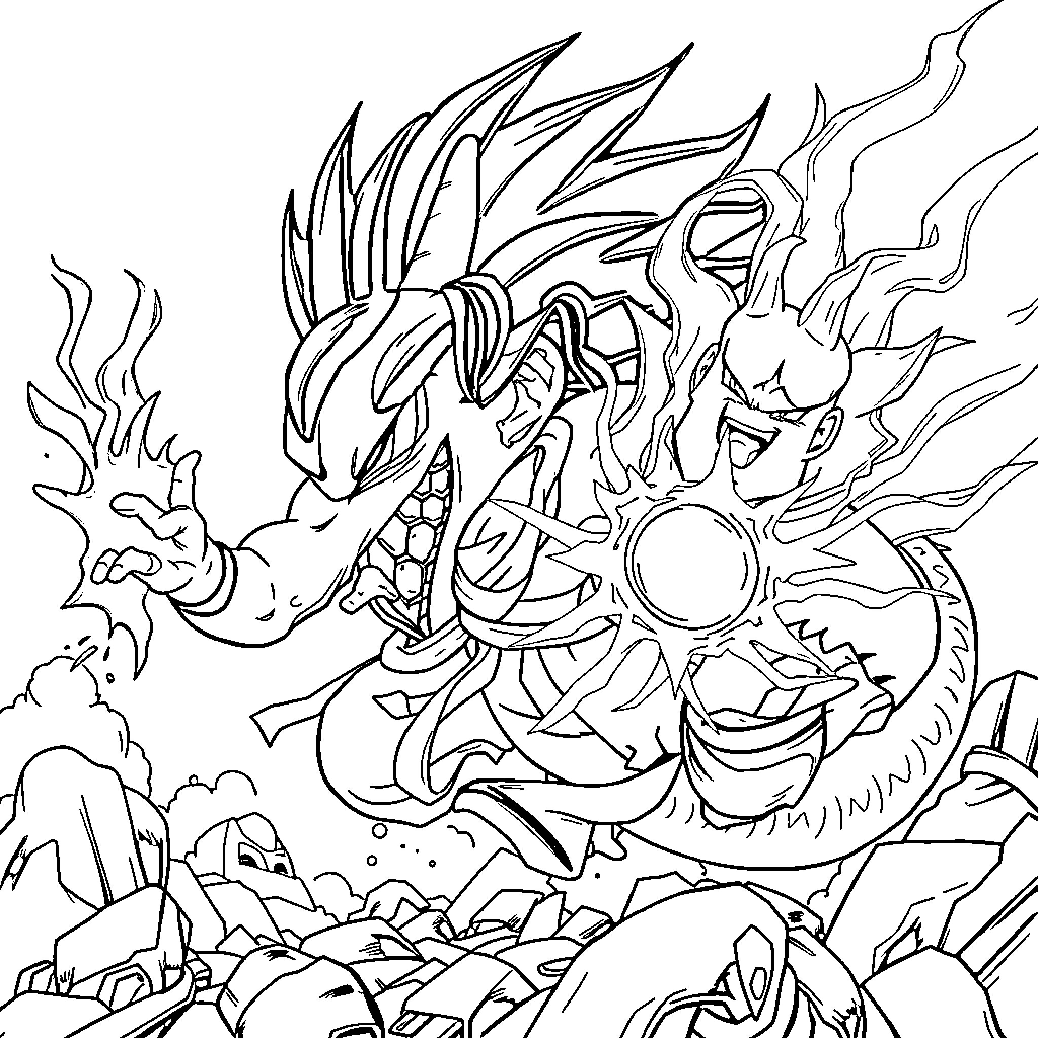 Dragon Ball Anime Character in Intense Battle Pose Coloring Page (free black-and-white line drawing printable PDF for all, from beginners to advanced learners, including children, teens, adults, and seniors)