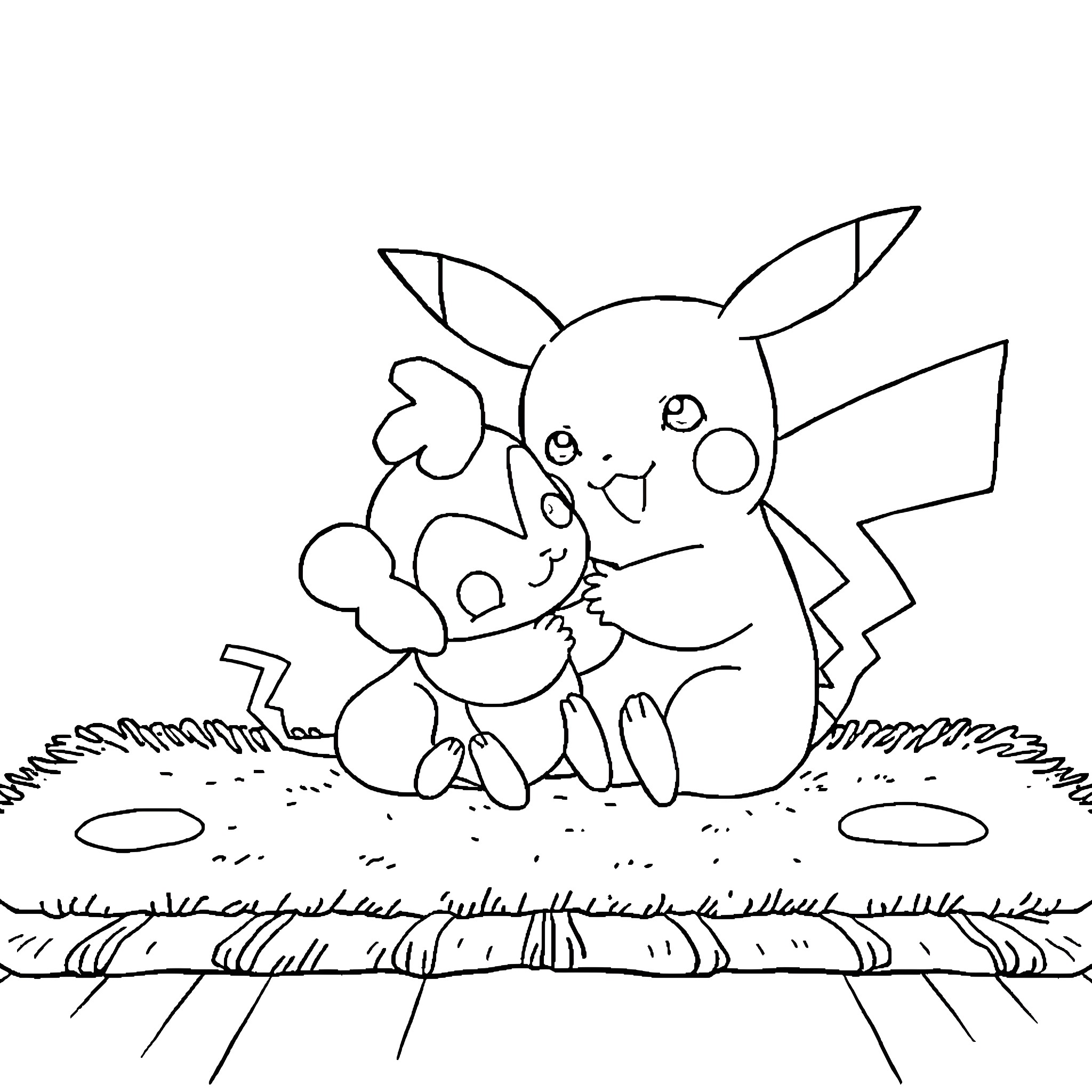 Pikachu playing with a friend in the field Coloring Page (free black-and-white line drawing printable PDF for all, from beginners to advanced learners, including children, teens, adults, and seniors)