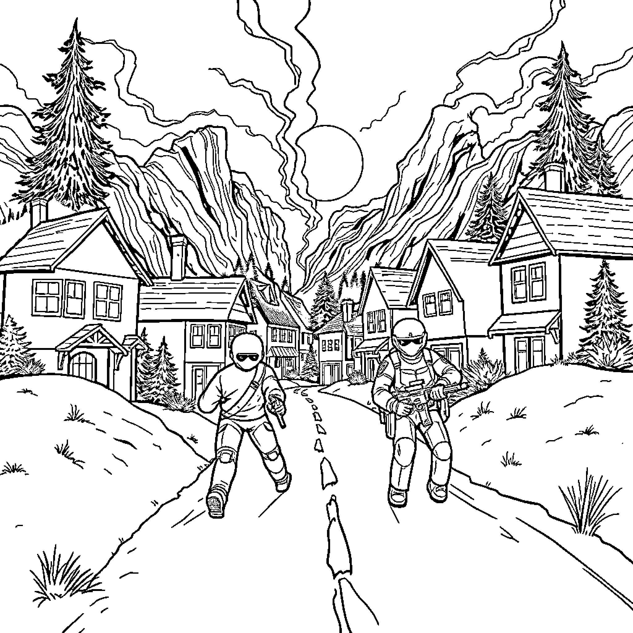 Town of winter adventure with hikers Coloring Page (free black-and-white line drawing printable PDF for all, from beginners to advanced learners, including children, teens, adults, and seniors)