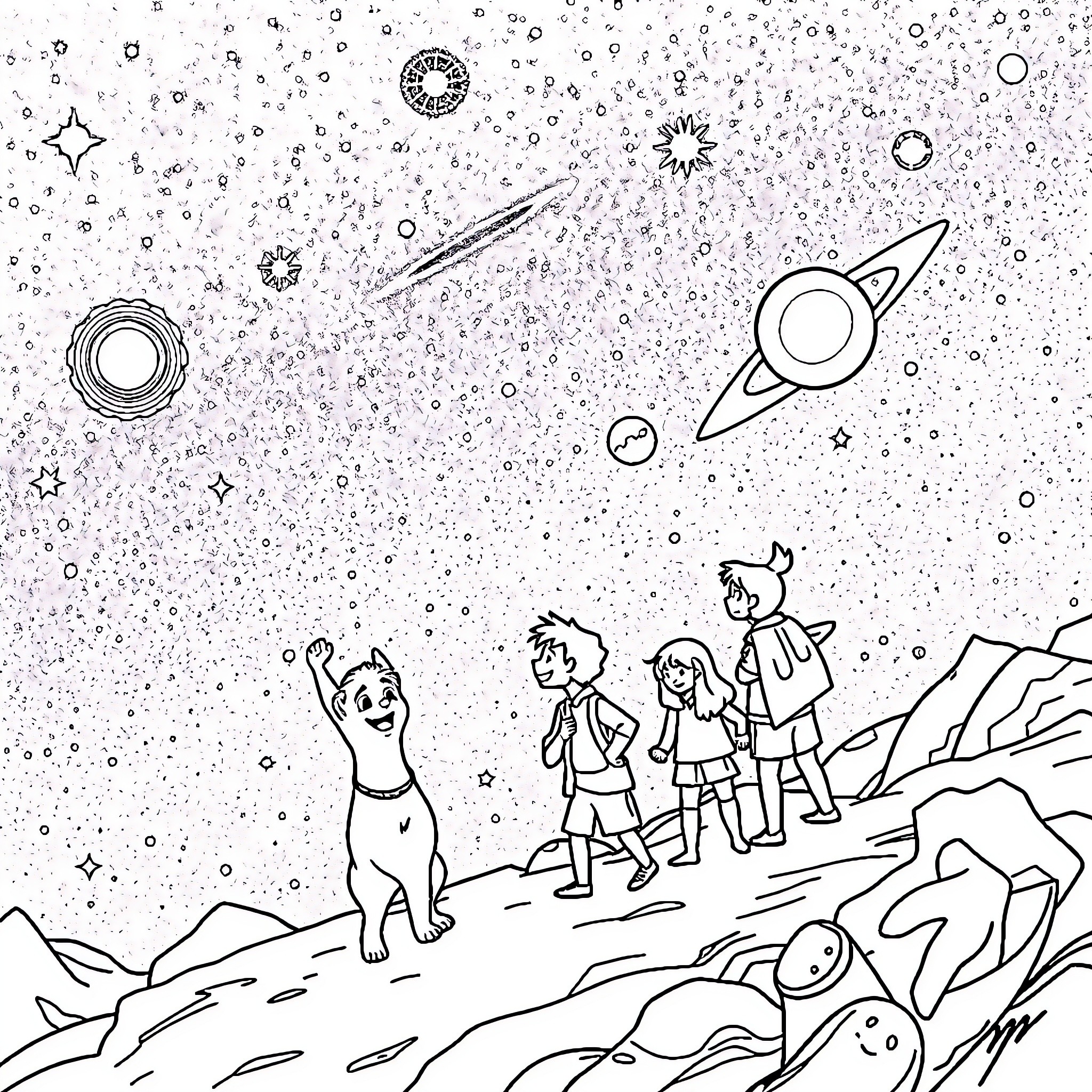 Boy adventures in the cosmic universe Coloring Page (free black-and-white line drawing printable PDF for all, from beginners to advanced learners, including children, teens, adults, and seniors)