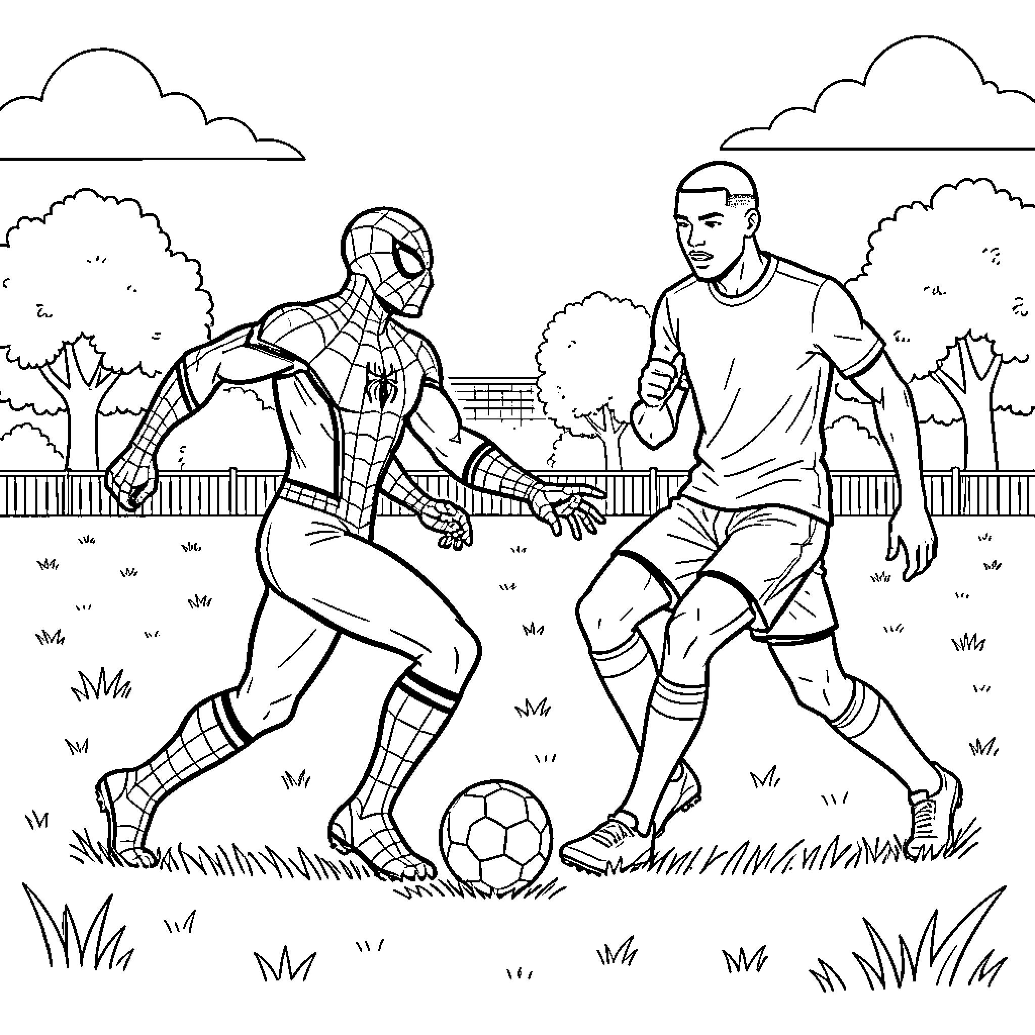 Spider-Man playing soccer in a grassy field Coloring Page (free black-and-white line drawing printable PDF for all, from beginners to advanced learners, including children, teens, adults, and seniors)