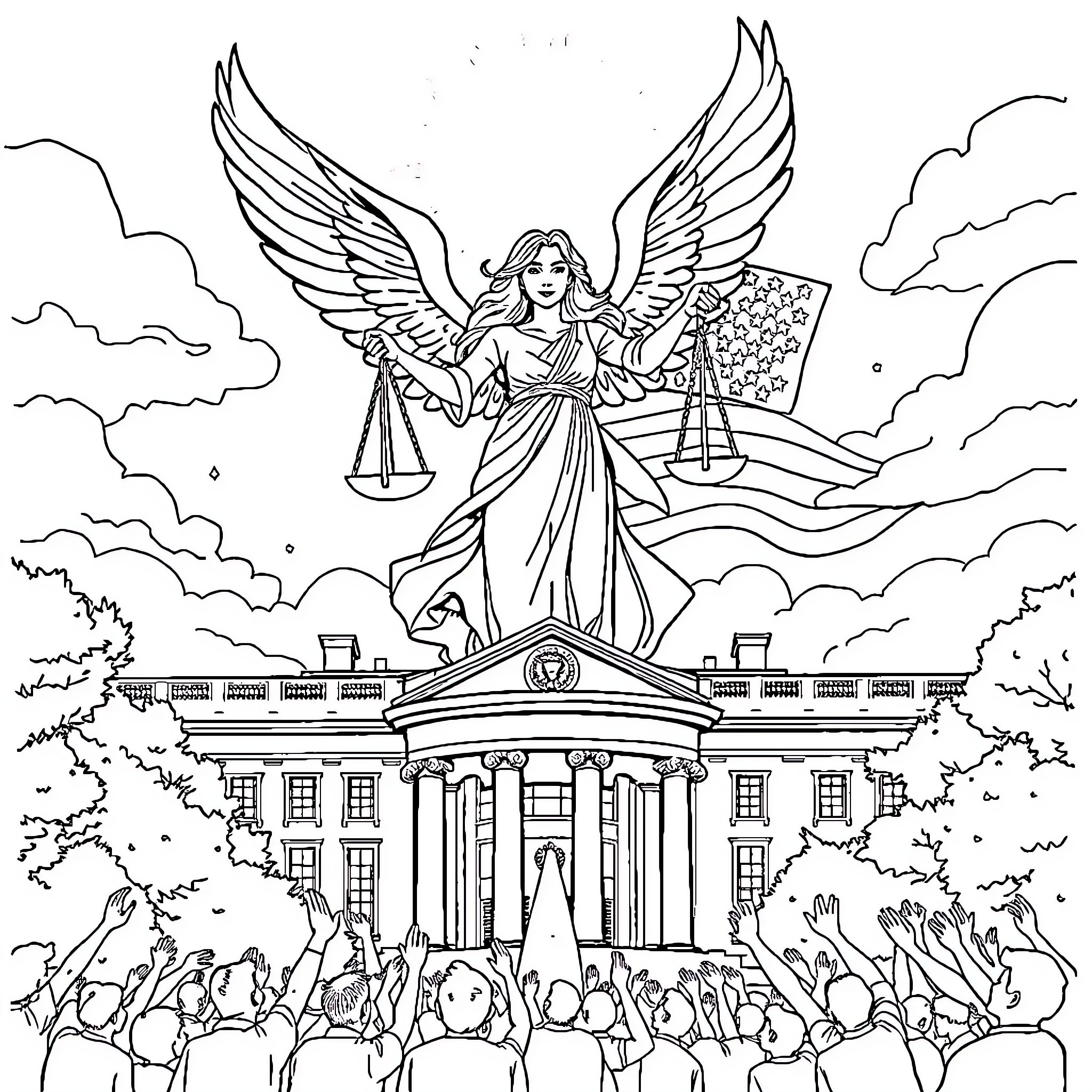 Mother Guardian Angel overseeing a crowd Coloring Page (free black-and-white line drawing printable PDF for all, from beginners to advanced learners, including children, teens, adults, and seniors)