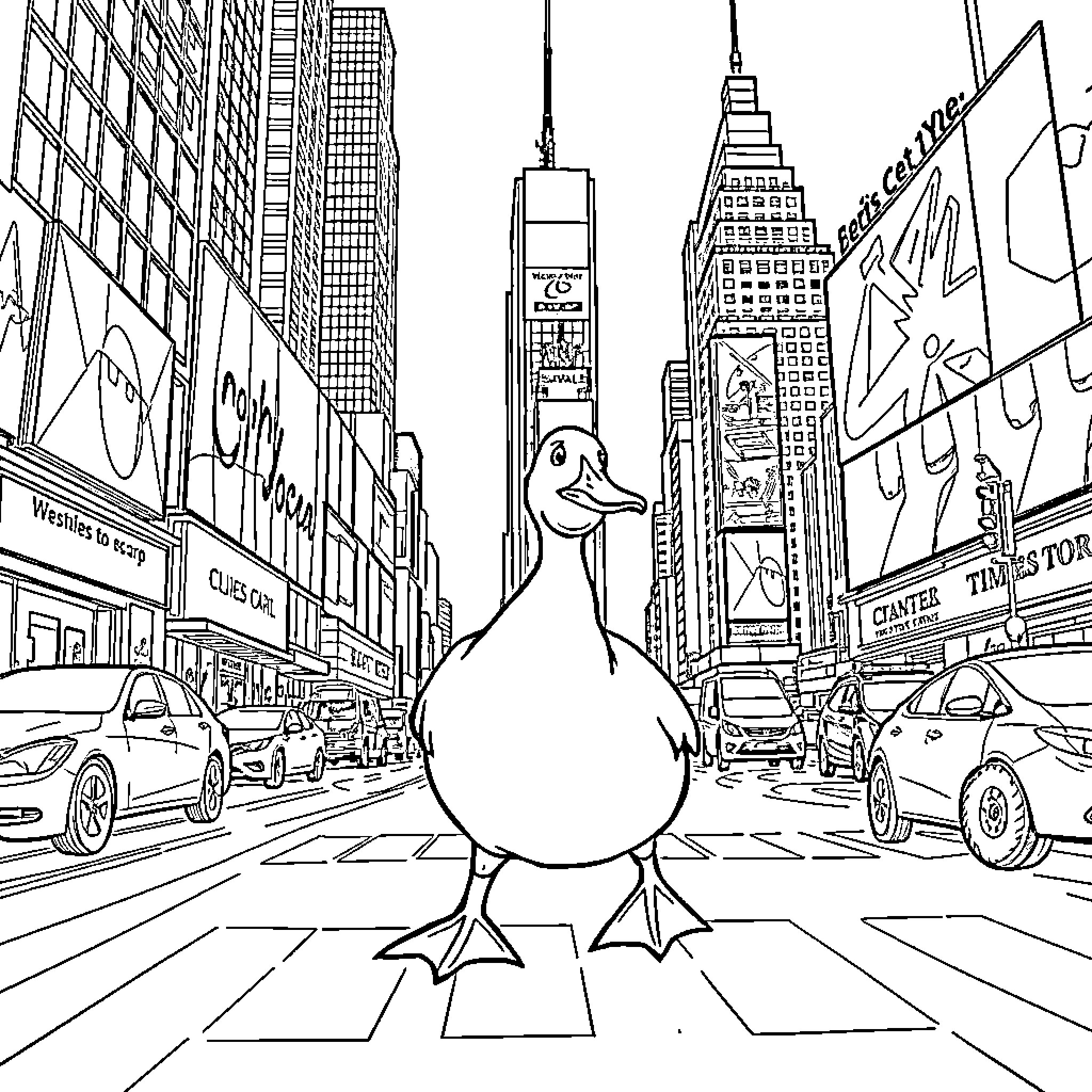 Duck wandering through bustling city streets Coloring Page (free black-and-white line drawing printable PDF for all, from beginners to advanced learners, including children, teens, adults, and seniors)