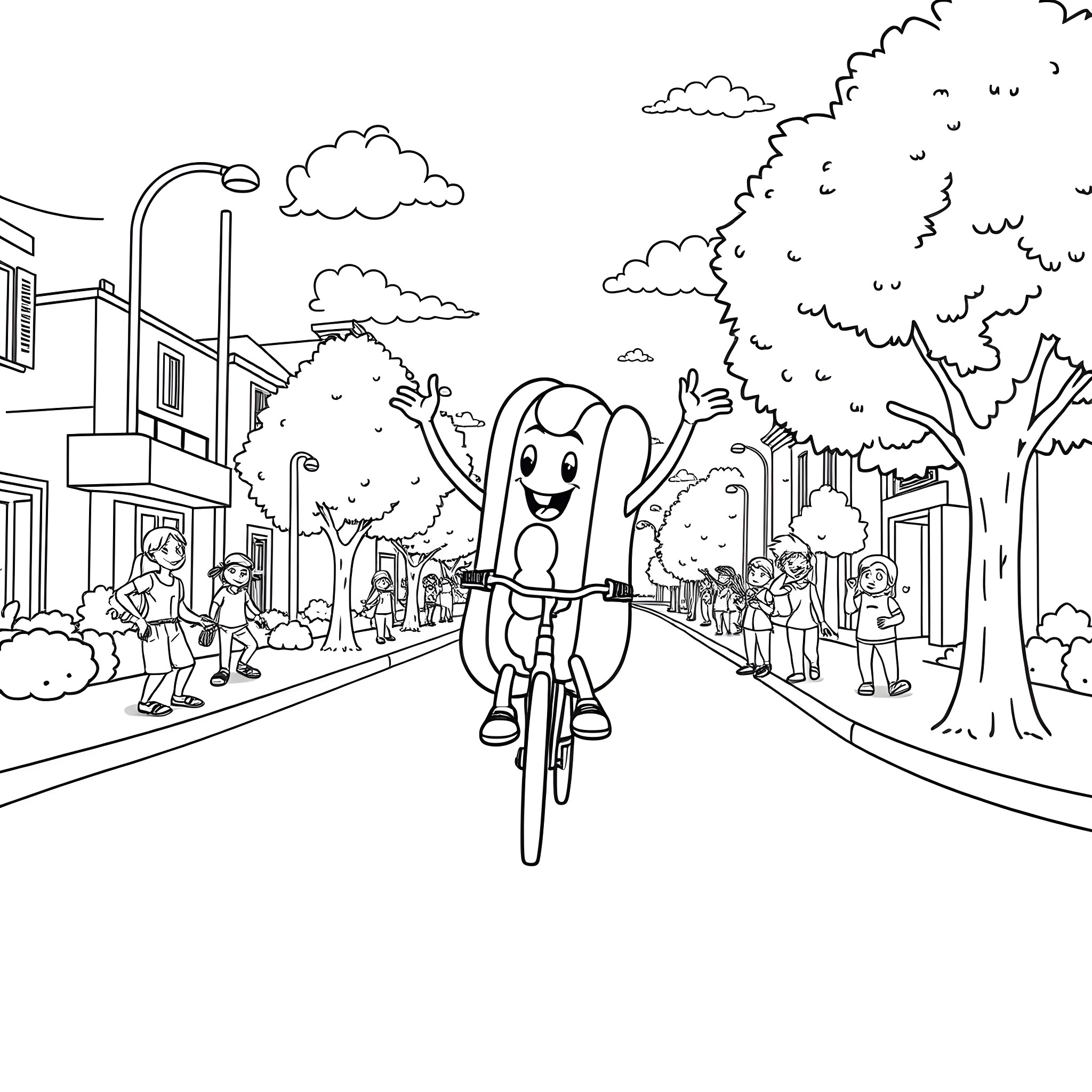 Hotdog Man cycling happily through the city streets Coloring Page (free black-and-white line drawing printable PDF for all, from beginners to advanced learners, including children, teens, adults, and seniors)