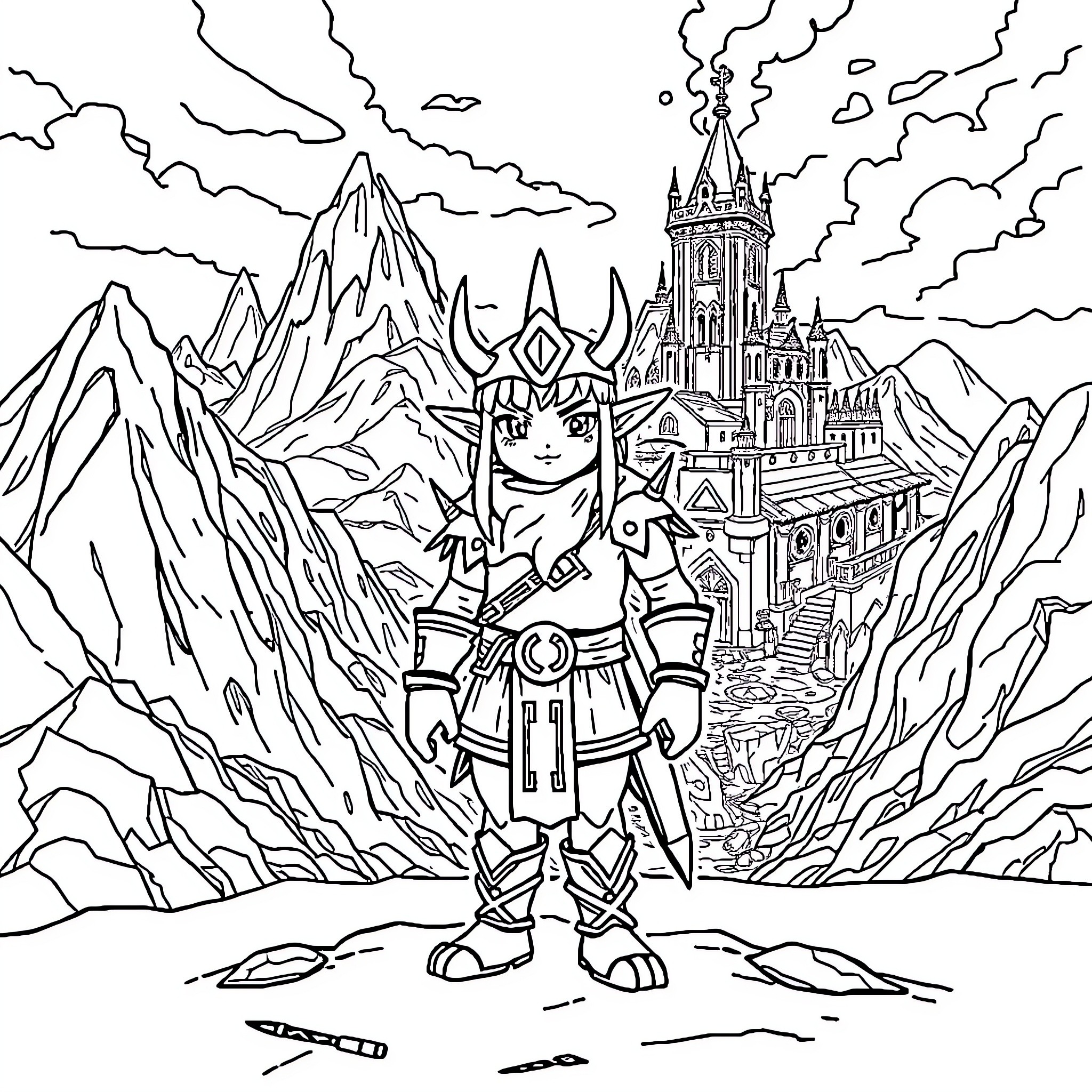 Yunobo exploring the majestic castle in the mountains Coloring Page (free black-and-white line drawing printable PDF for all, from beginners to advanced learners, including children, teens, adults, and seniors)
