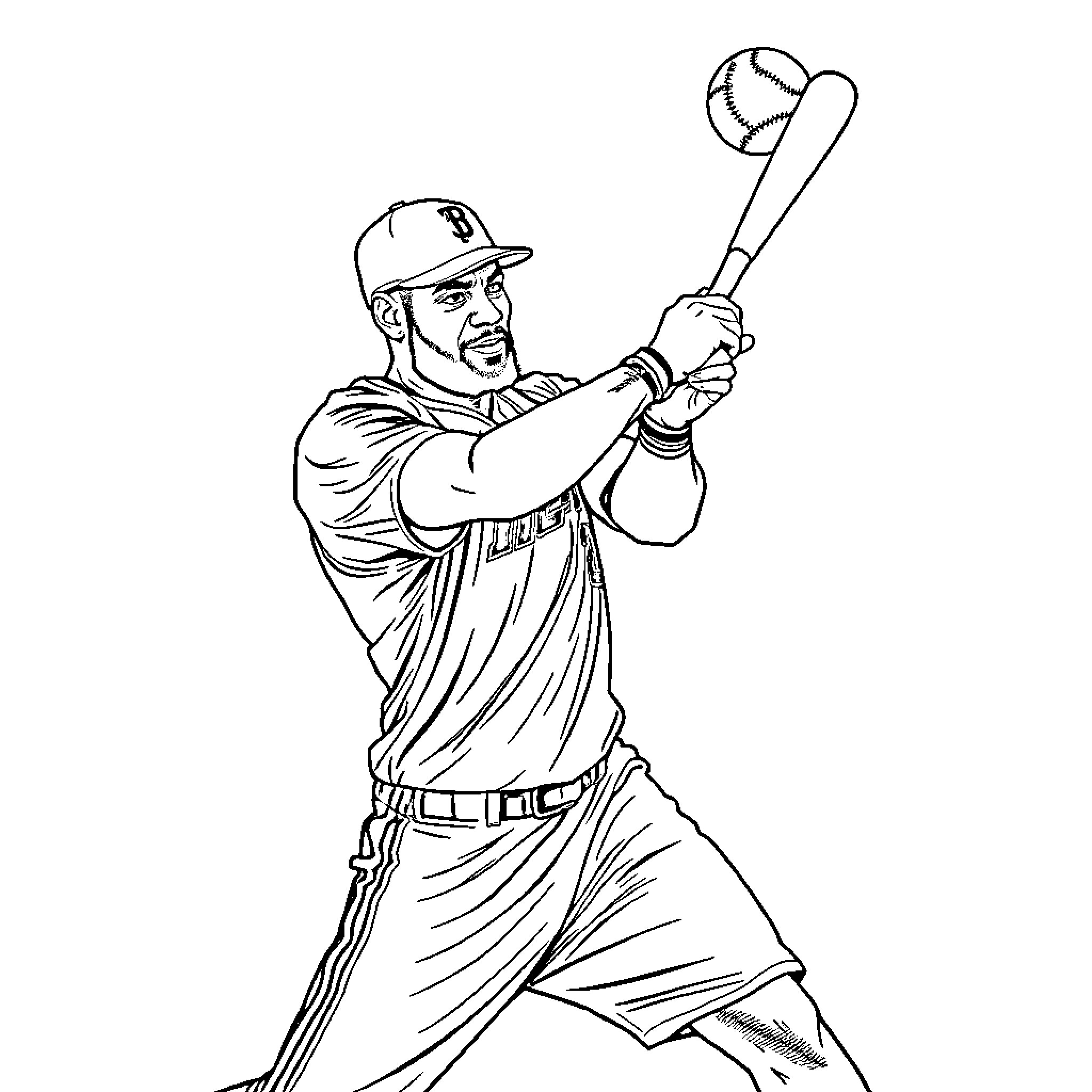 LeBron Batting in Baseball Uniform Coloring Page (free black-and-white line drawing printable PDF for all, from beginners to advanced learners, including children, teens, adults, and seniors)