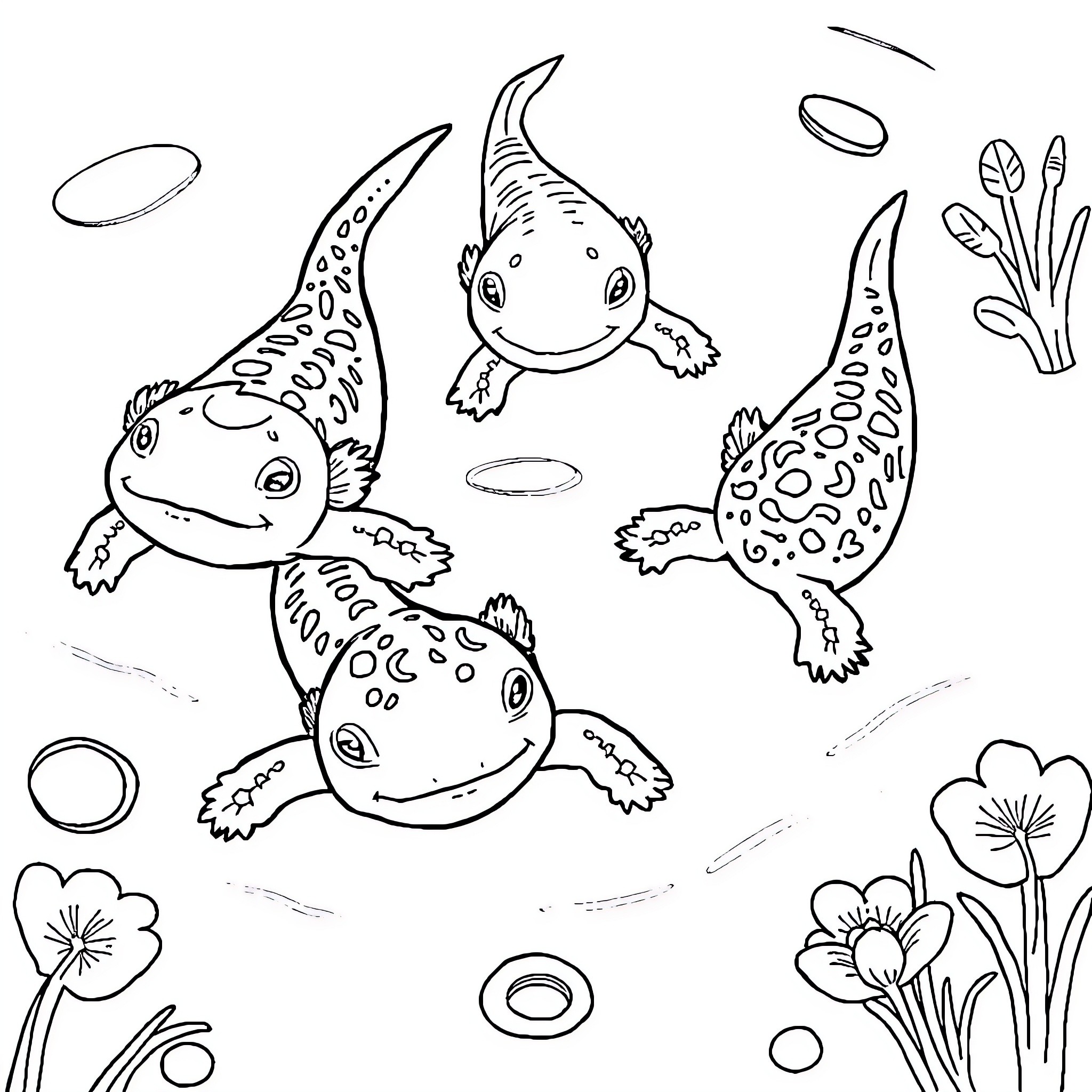Axolotls Swimming Playfully in Underwater Garden Coloring Page (free black-and-white line drawing printable PDF for all, from beginners to advanced learners, including children, teens, adults, and seniors)