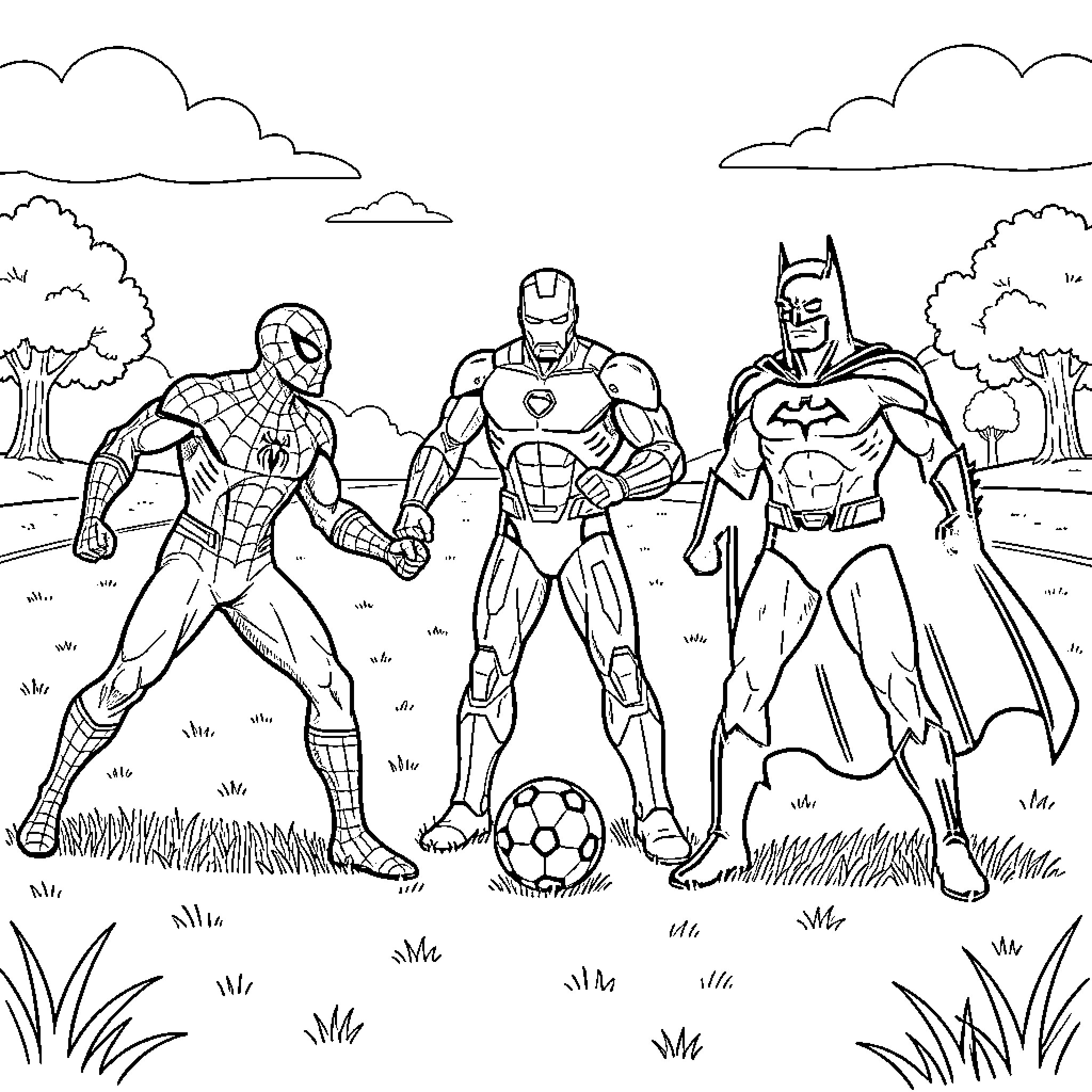 Spiderman, Iron Man, and Batman standing in a field Coloring Page (free black-and-white line drawing printable PDF for all, from beginners to advanced learners, including children, teens, adults, and seniors)