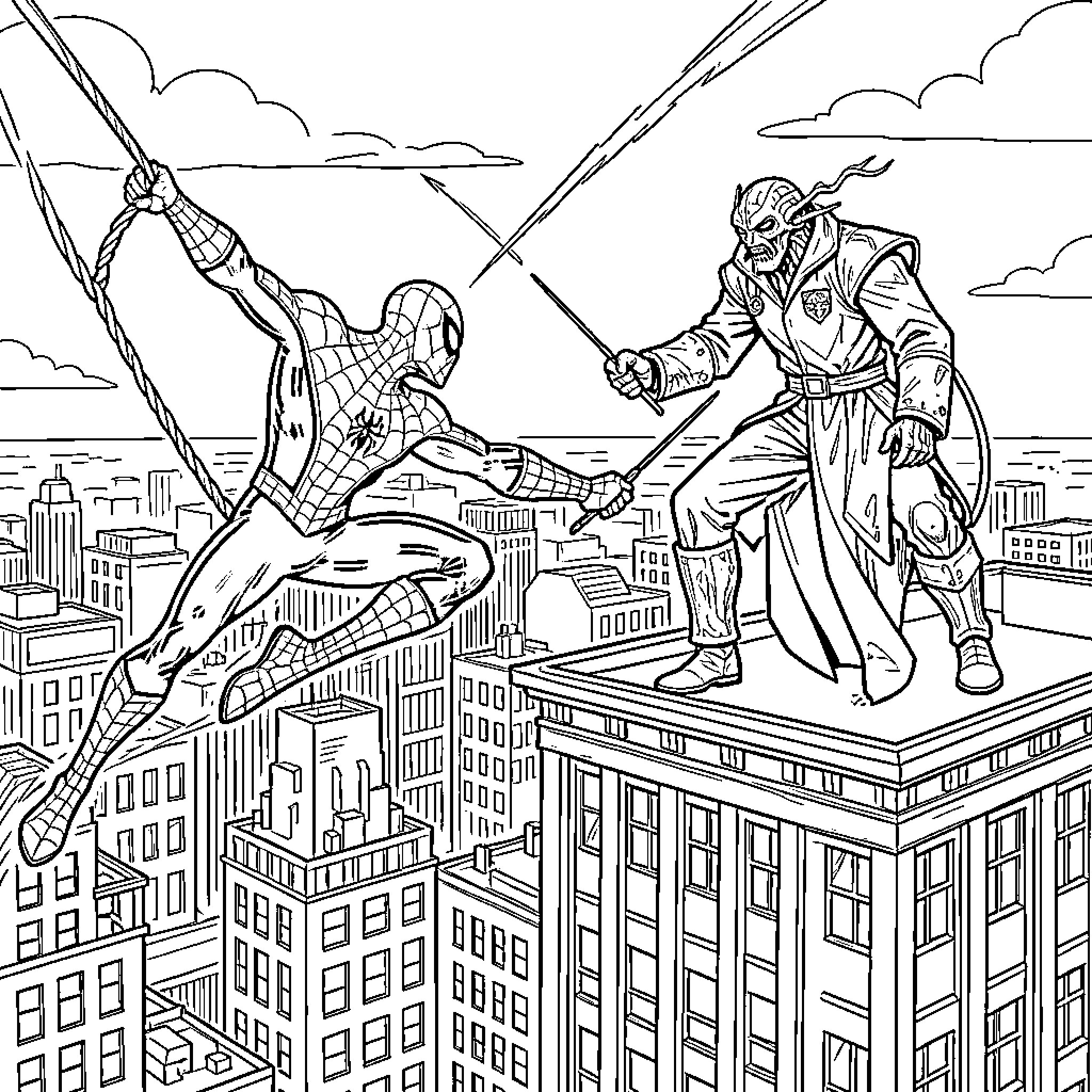Spiderman swinging and fighting a villain on a rooftop Coloring Page (free black-and-white line drawing printable PDF for all, from beginners to advanced learners, including children, teens, adults, and seniors)