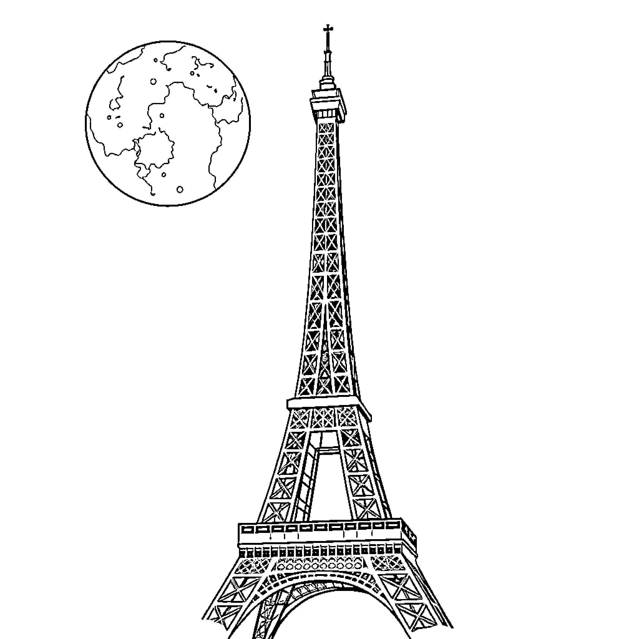 Eiffel Tower standing tall in the cityscape Coloring Page (free black-and-white line drawing printable PDF for all, from beginners to advanced learners, including children, teens, adults, and seniors)