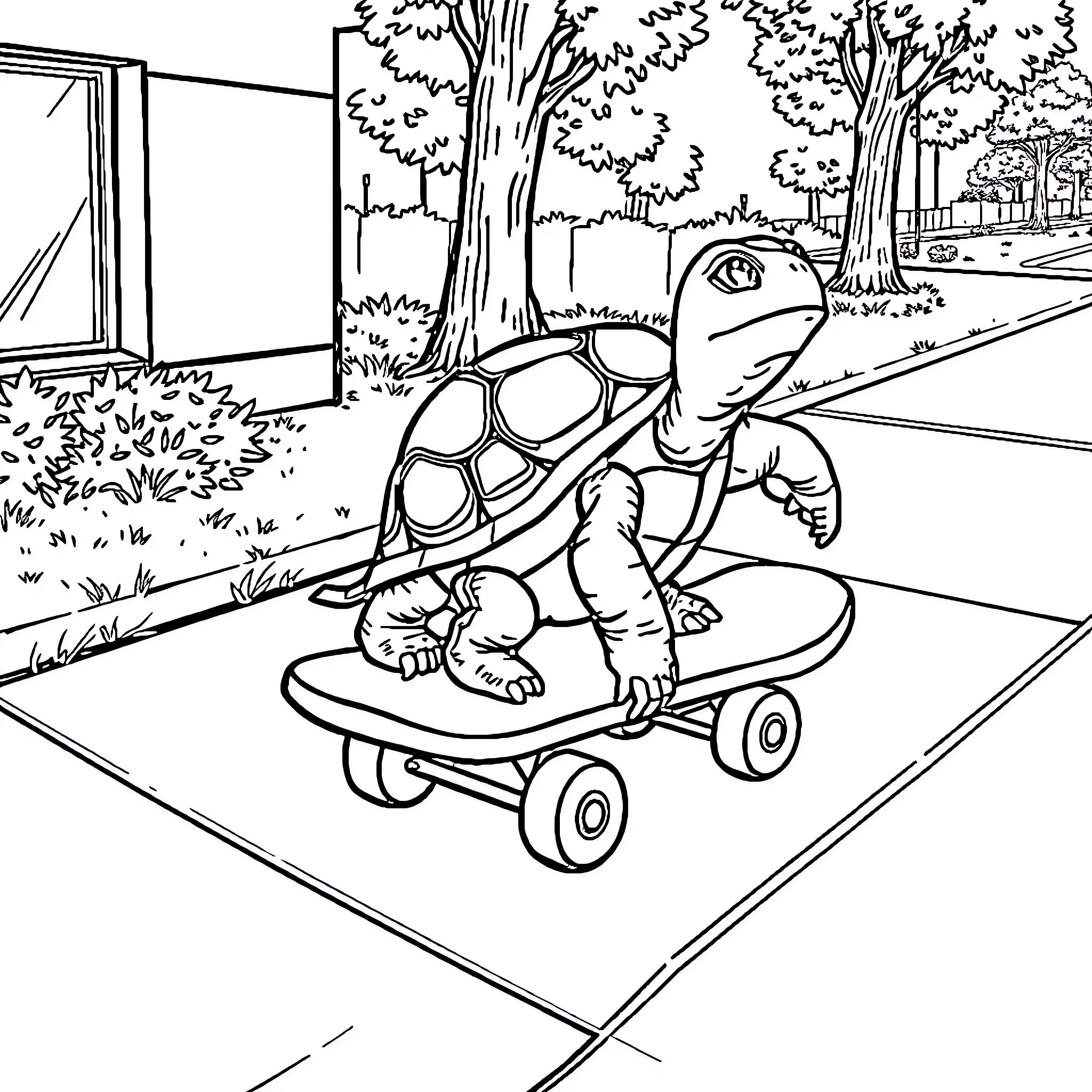 Turtle riding a skateboard in the park Coloring Page (free black-and-white line drawing printable PDF for all, from beginners to advanced learners, including children, teens, adults, and seniors)