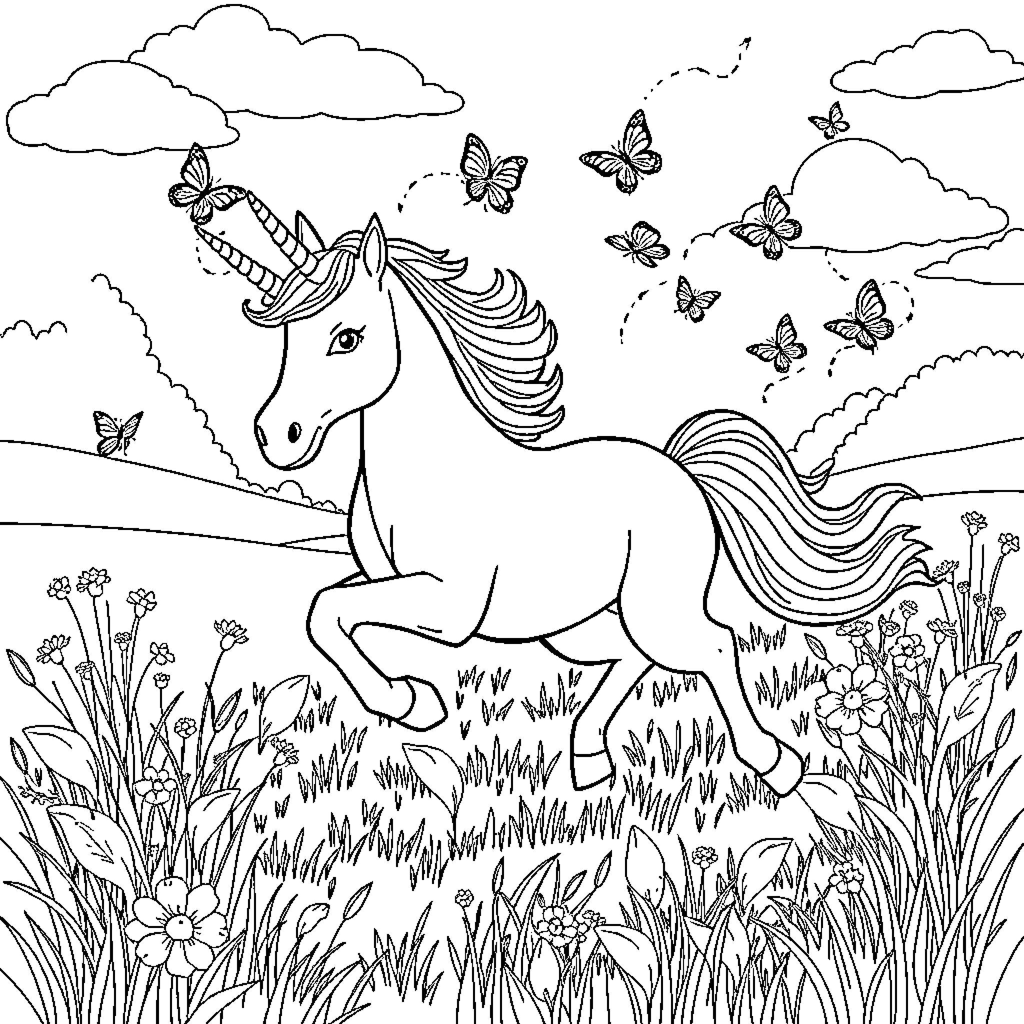 Unicorn frolicking amidst butterflies and flowers Coloring Page (free black-and-white line drawing printable PDF for all, from beginners to advanced learners, including children, teens, adults, and seniors)