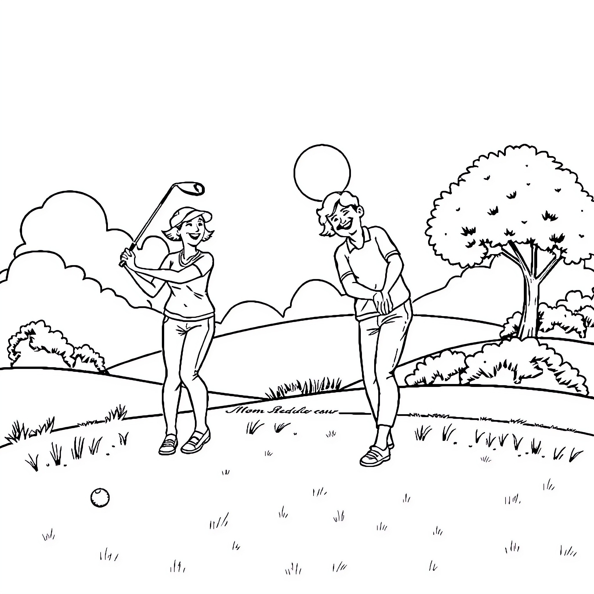 Golf players enjoy scenic outdoor game Coloring Page (free black-and-white line drawing printable PDF for all, from beginners to advanced learners, including children, teens, adults, and seniors)