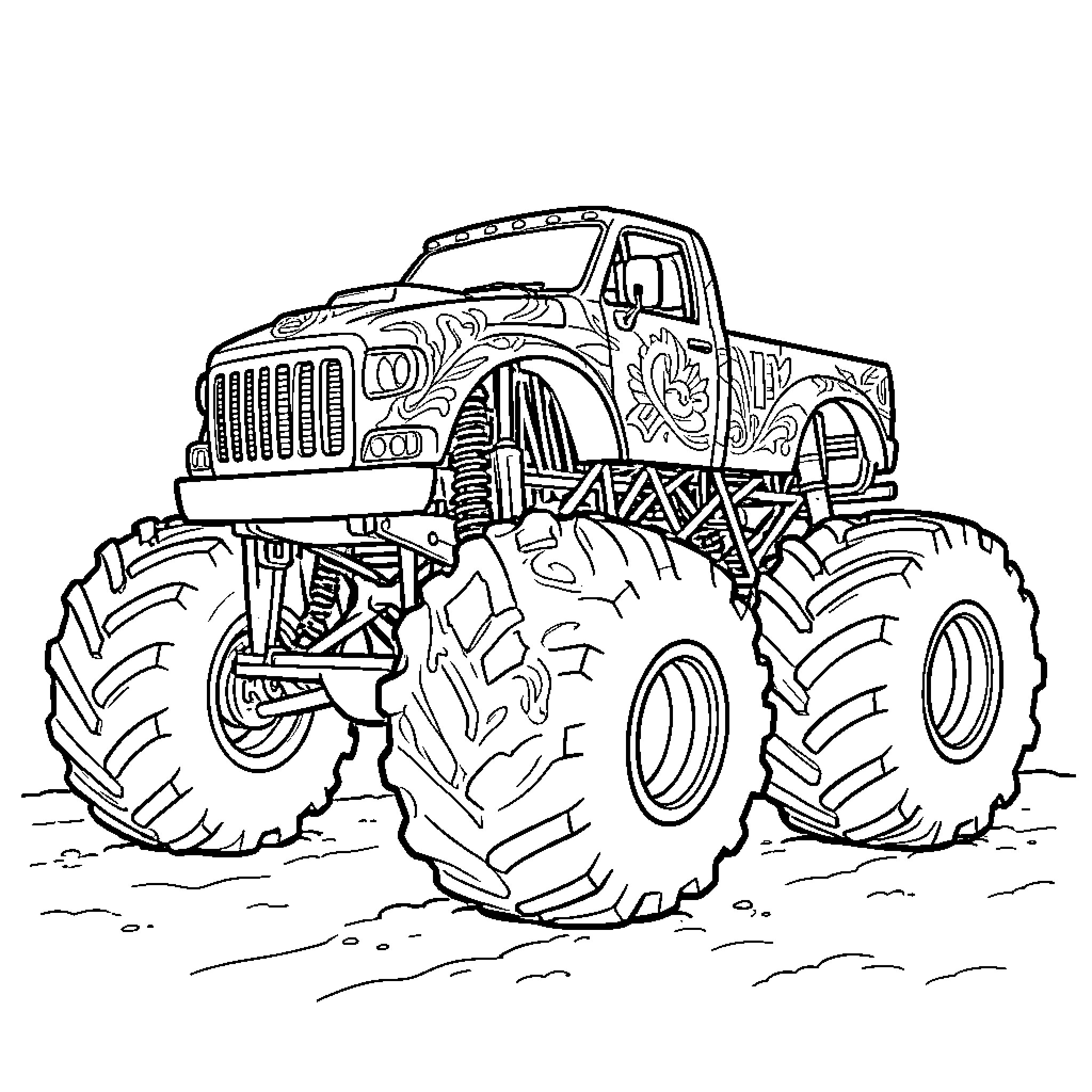 Monster Truck Performing Extreme Stunts Coloring Page (free black-and-white line drawing printable PDF for all, from beginners to advanced learners, including children, teens, adults, and seniors)