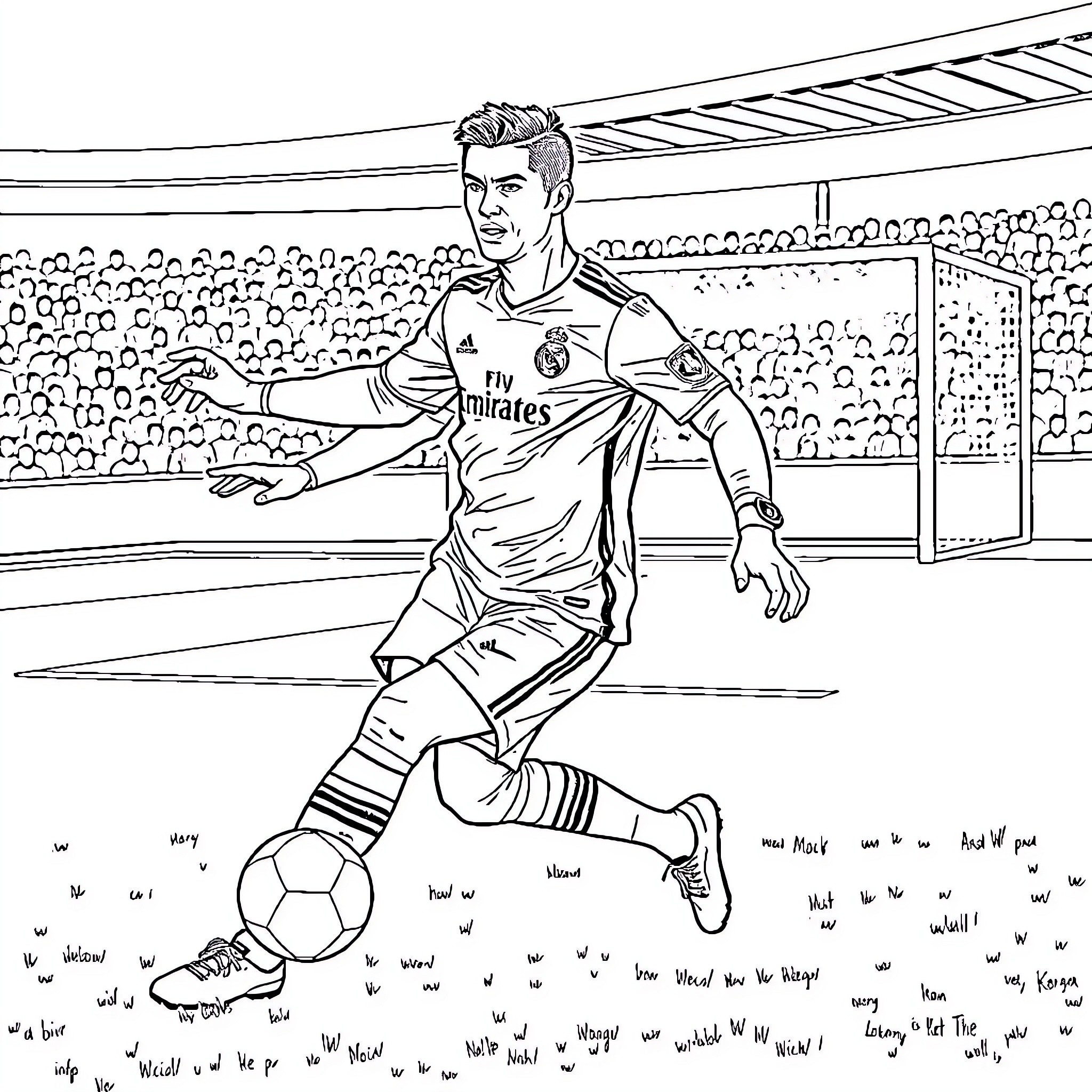 Cristiano Ronaldo dribbling on the soccer field Coloring Page (free black-and-white line drawing printable PDF for all, from beginners to advanced learners, including children, teens, adults, and seniors)