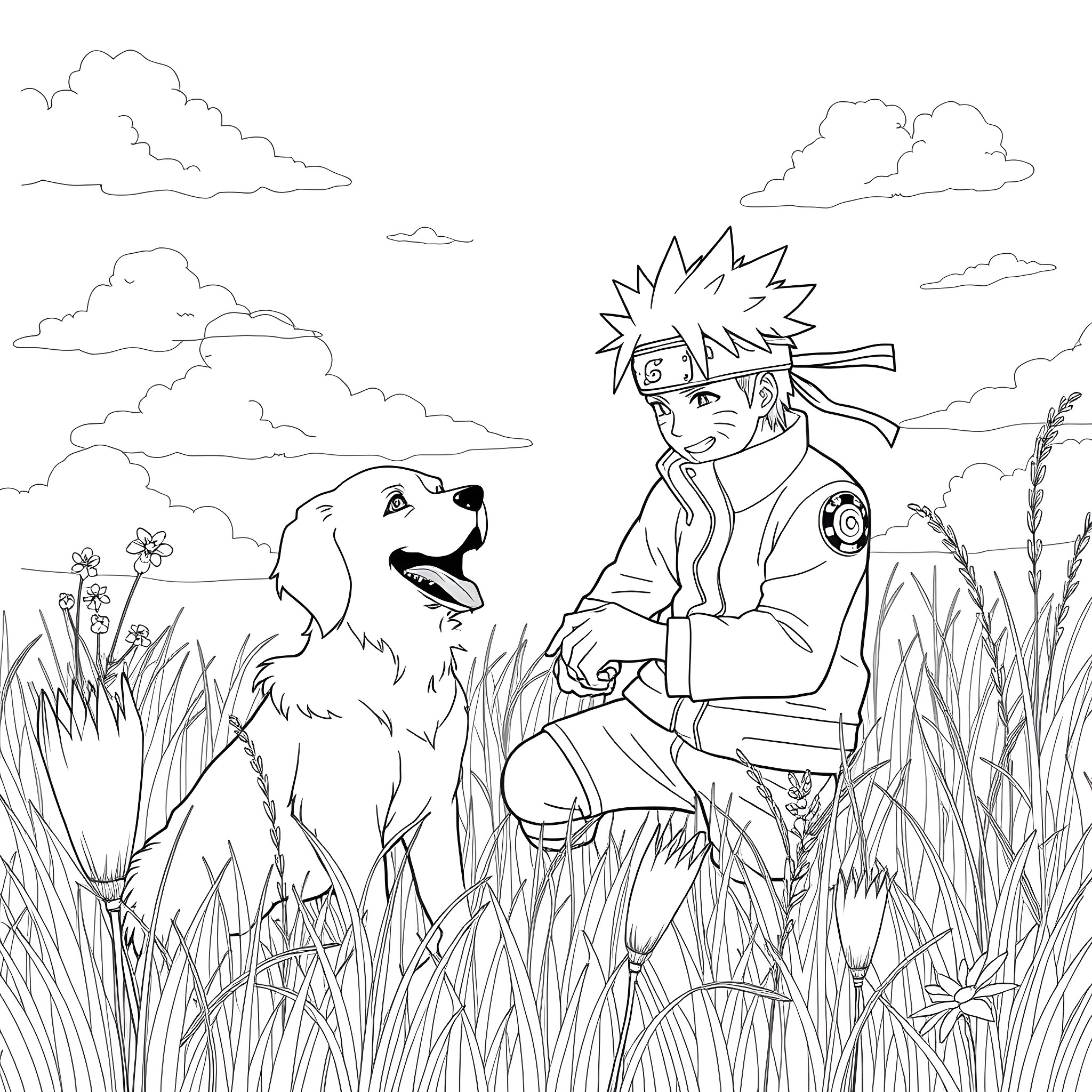 Naruto and his loyal companion in the field Coloring Page (free black-and-white line drawing printable PDF for all, from beginners to advanced learners, including children, teens, adults, and seniors)
