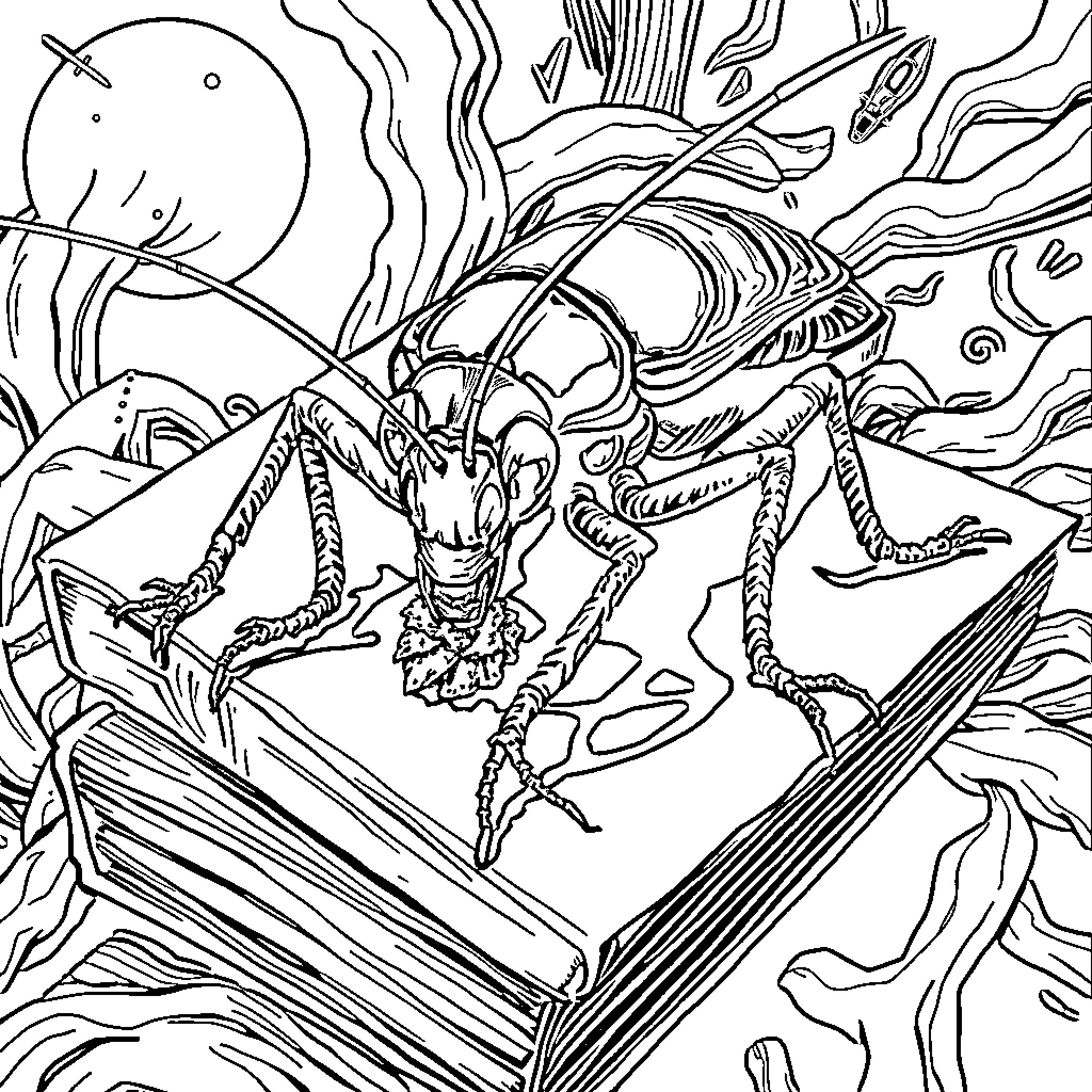 Roach emerging from an ancient tome Coloring Page (free black-and-white line drawing printable PDF for all, from beginners to advanced learners, including children, teens, adults, and seniors)