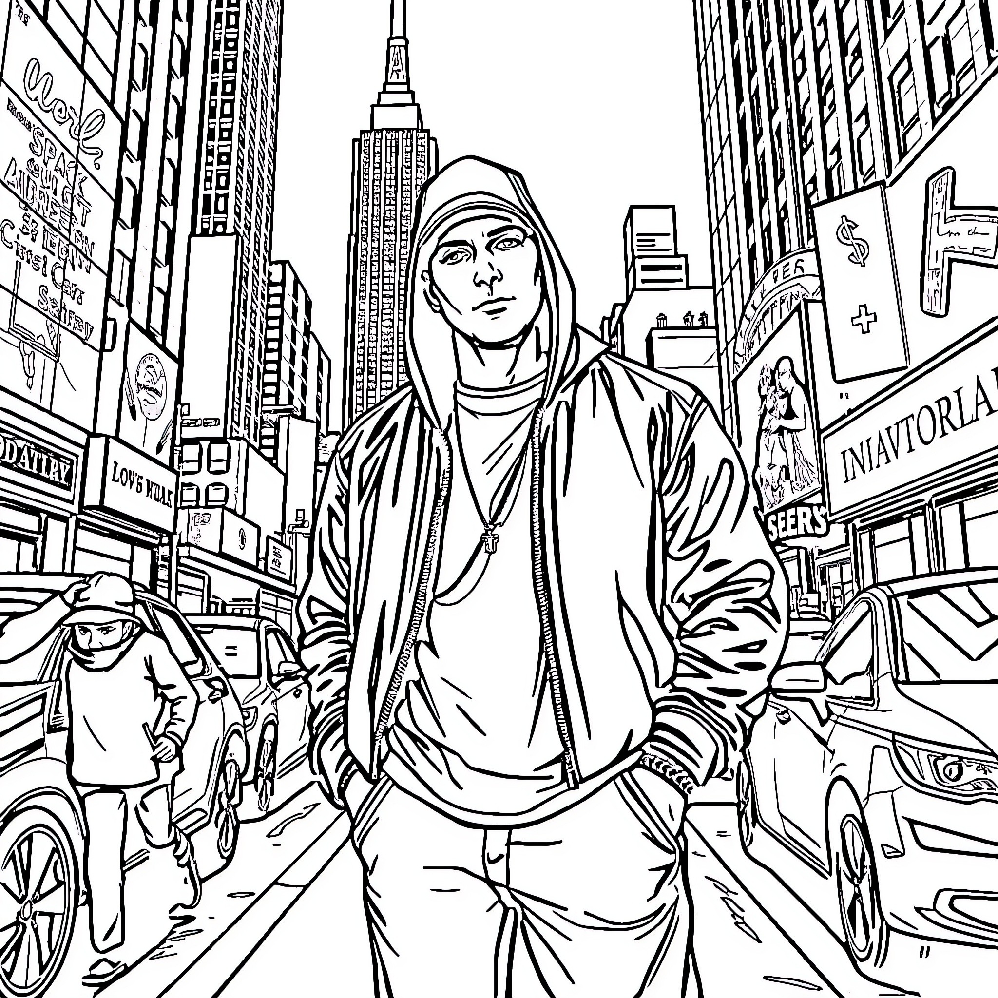 Eminem walking through the busy city streets Coloring Page (free black-and-white line drawing printable PDF for all, from beginners to advanced learners, including children, teens, adults, and seniors)