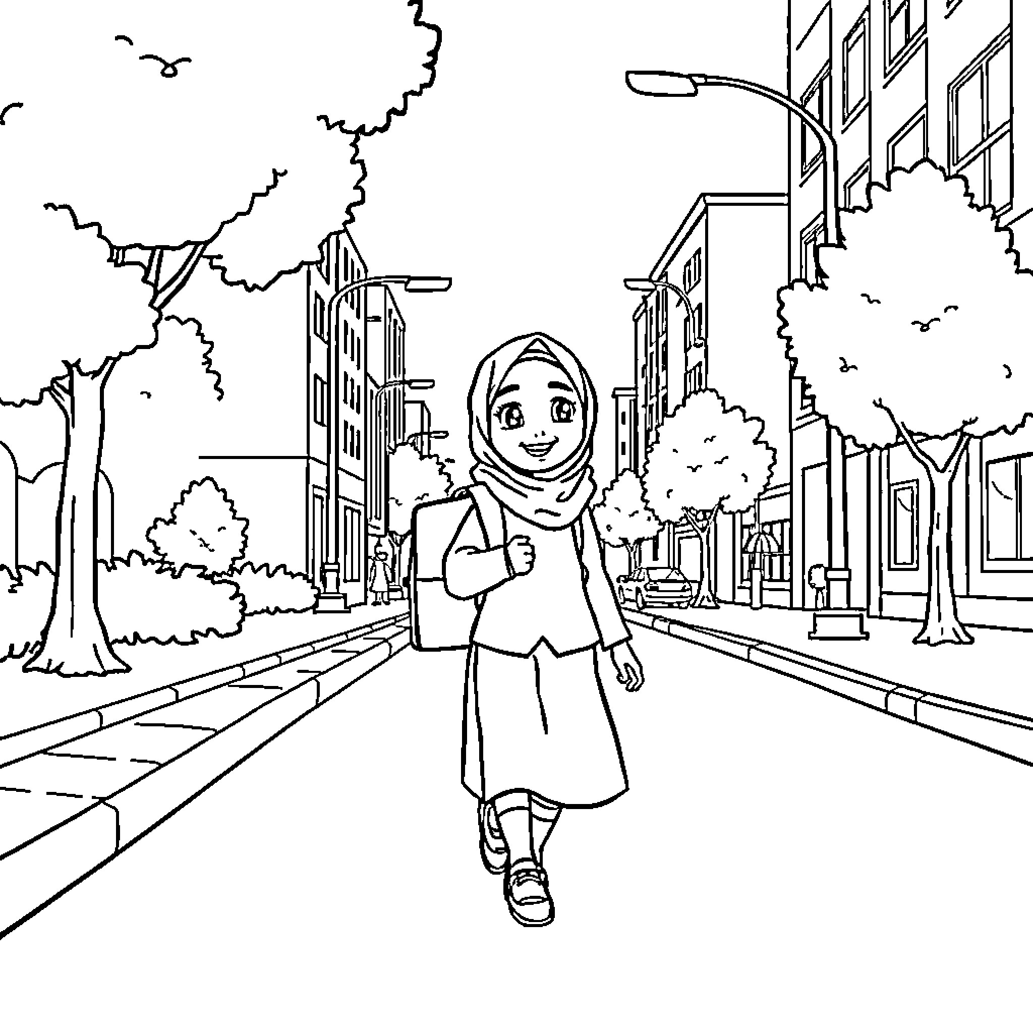 Girl walking happily through city streets Coloring Page (free black-and-white line drawing printable PDF for all, from beginners to advanced learners, including children, teens, adults, and seniors)