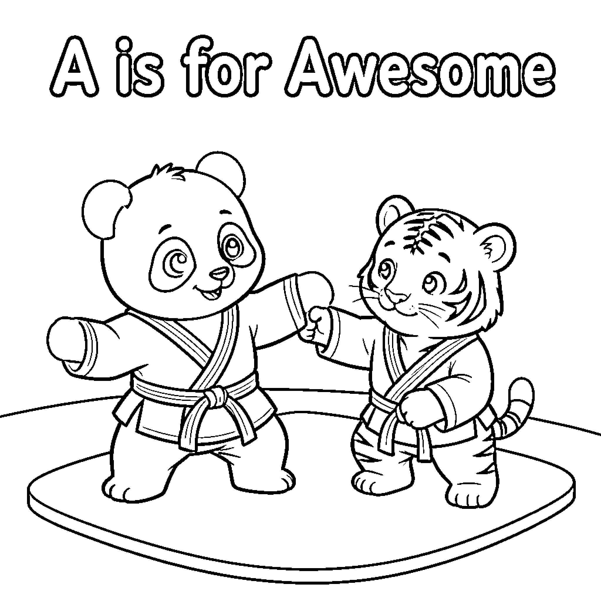 Panda and tiger cubs practicing martial arts together Coloring Page (free black-and-white line drawing printable PDF for all, from beginners to advanced learners, including children, teens, adults, and seniors)