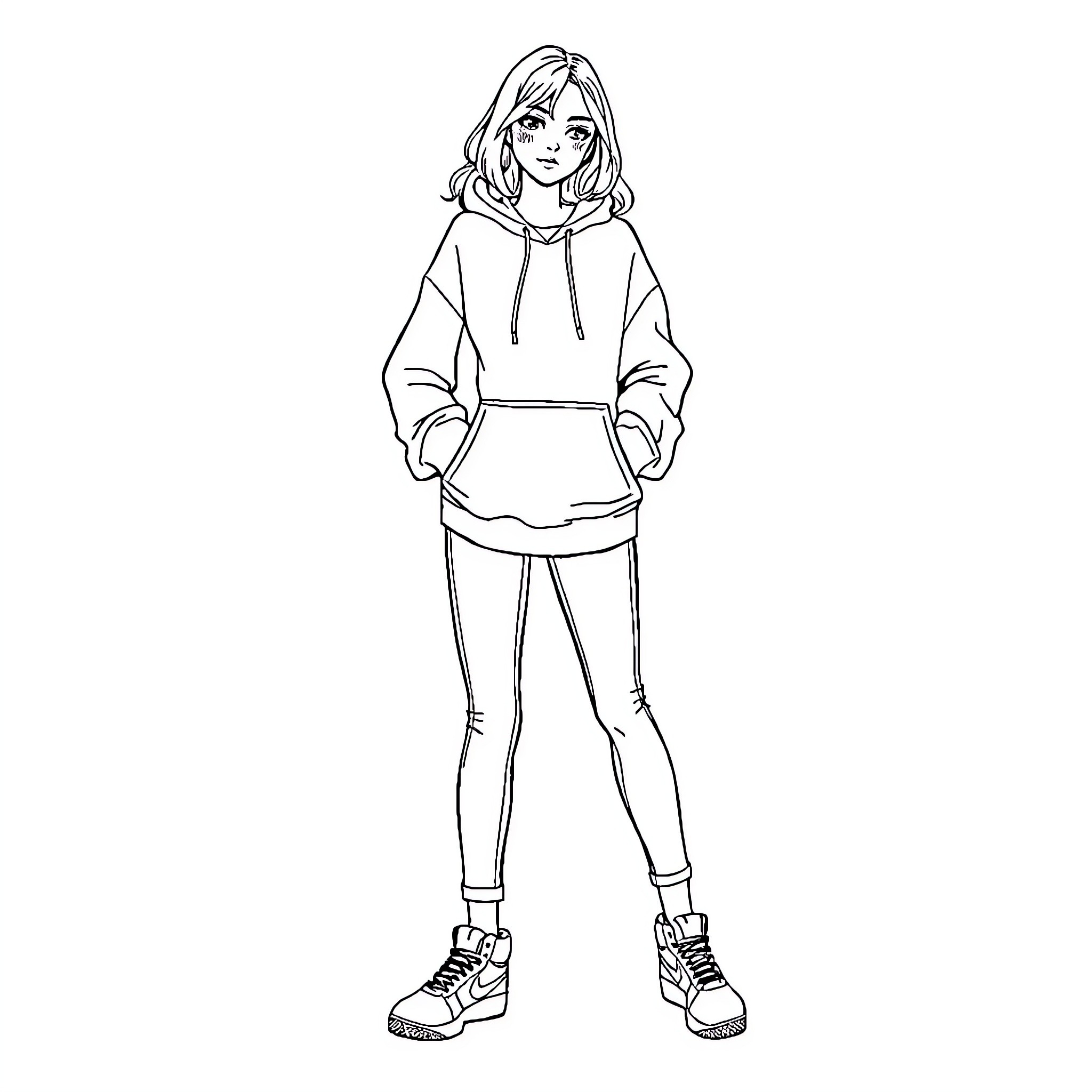 Woman in casual hoodie and jeans outfit Coloring Page (free black-and-white line drawing printable PDF for all, from beginners to advanced learners, including children, teens, adults, and seniors)