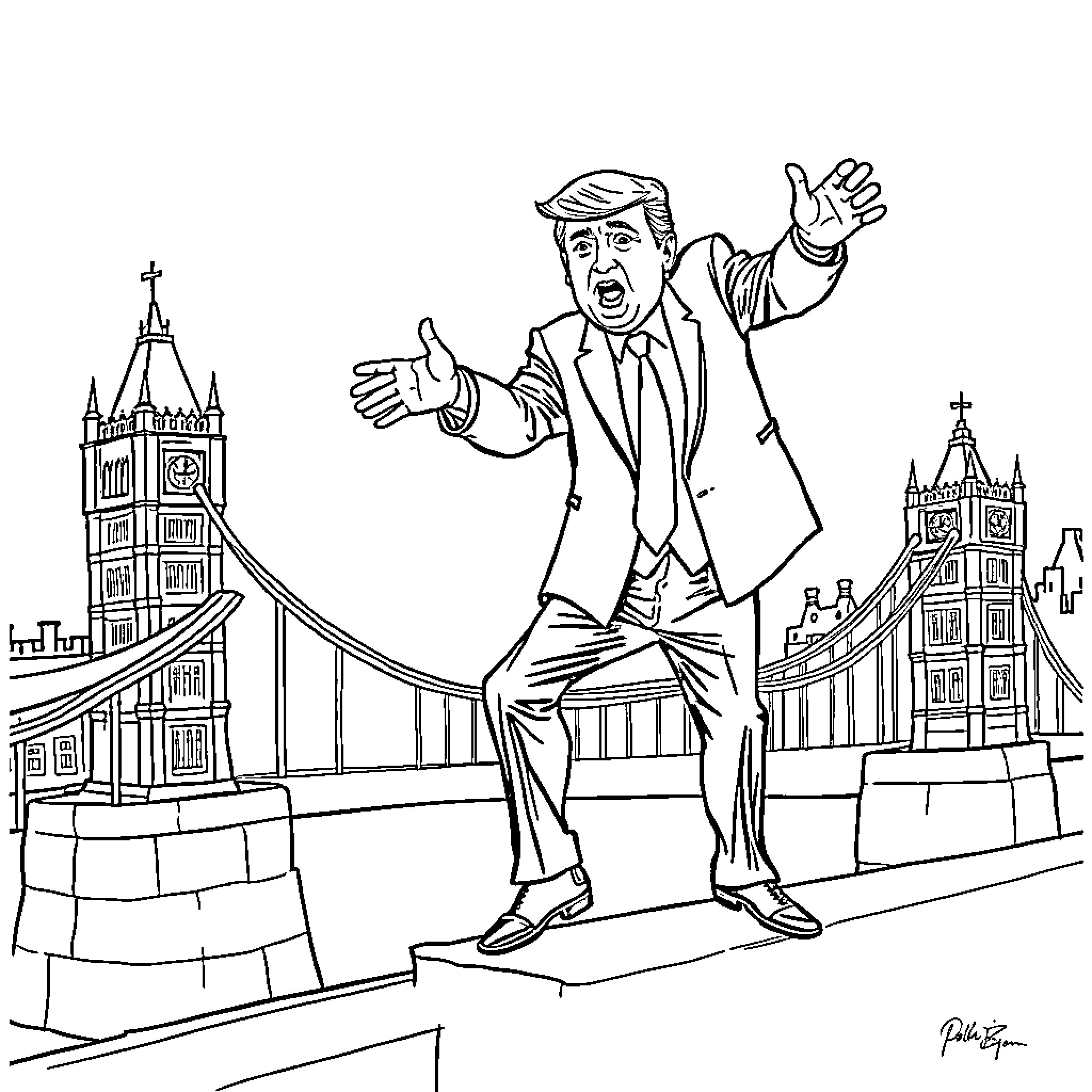 Donald Trump gesturing expressively in London cityscape Coloring Page (free black-and-white line drawing printable PDF for all, from beginners to advanced learners, including children, teens, adults, and seniors)