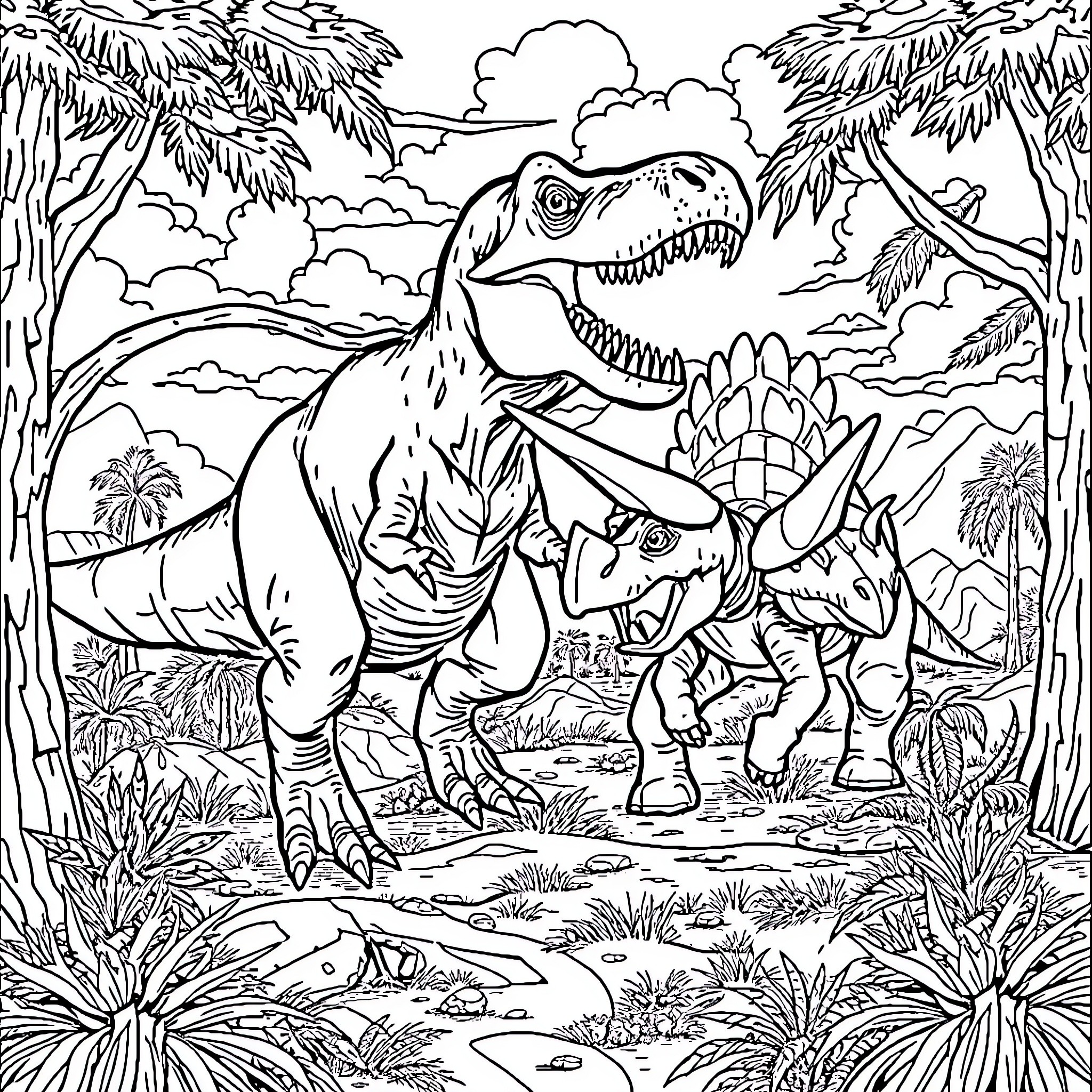Tyrannosaurus roaming in prehistoric jungle scene Coloring Page (free black-and-white line drawing printable PDF for all, from beginners to advanced learners, including children, teens, adults, and seniors)