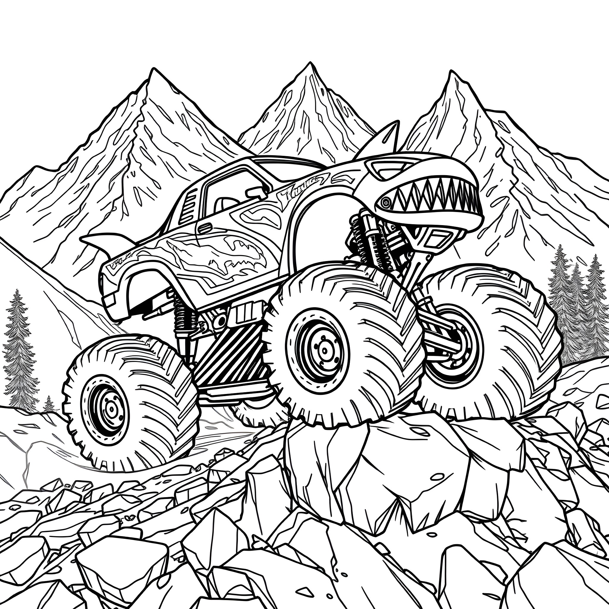 Tiger Shark Monster Truck Climbing Rugged Mountains Coloring Page (free black-and-white line drawing printable PDF for all, from beginners to advanced learners, including children, teens, adults, and seniors)