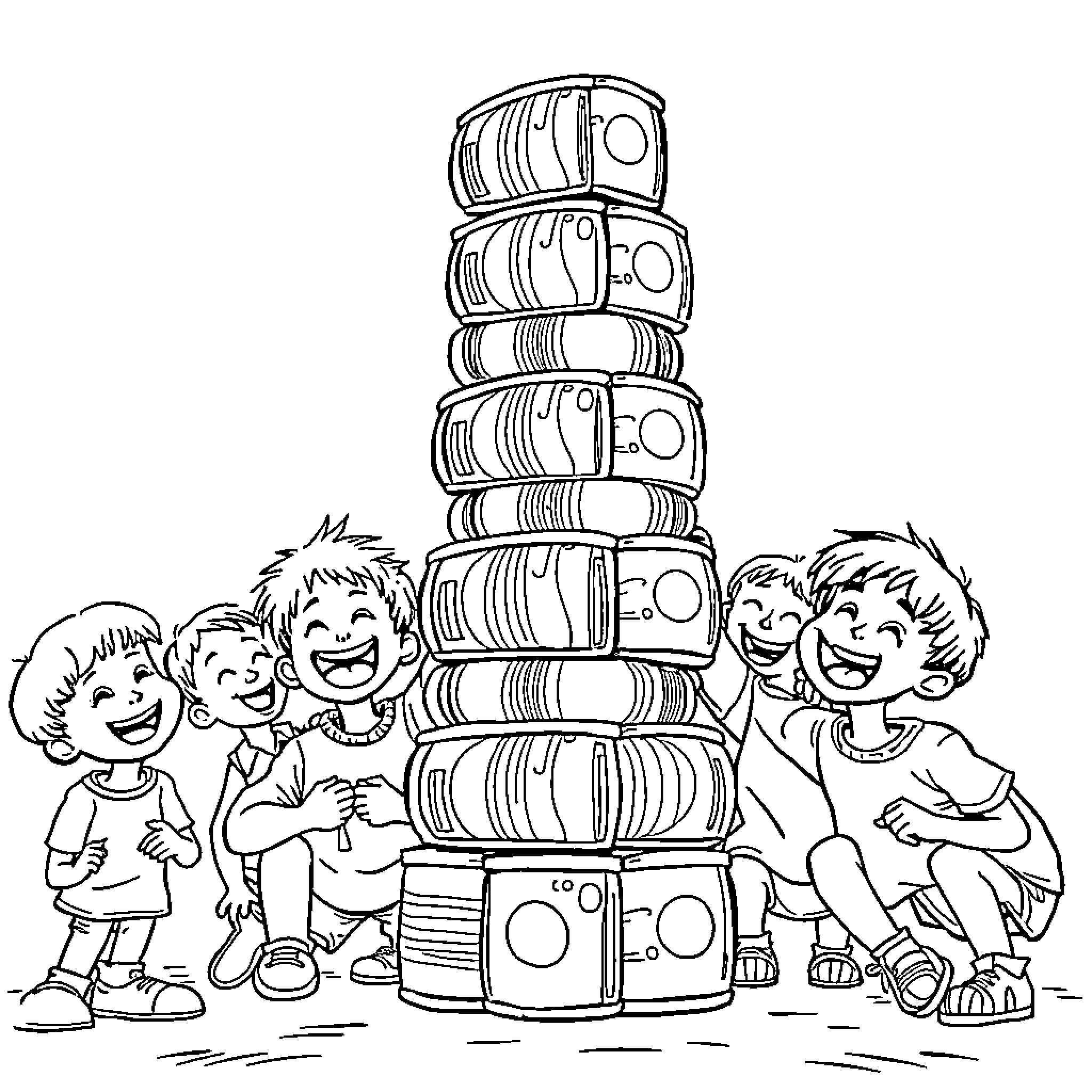 Kids building a tower with boxes Coloring Page (free black-and-white line drawing printable PDF for all, from beginners to advanced learners, including children, teens, adults, and seniors)