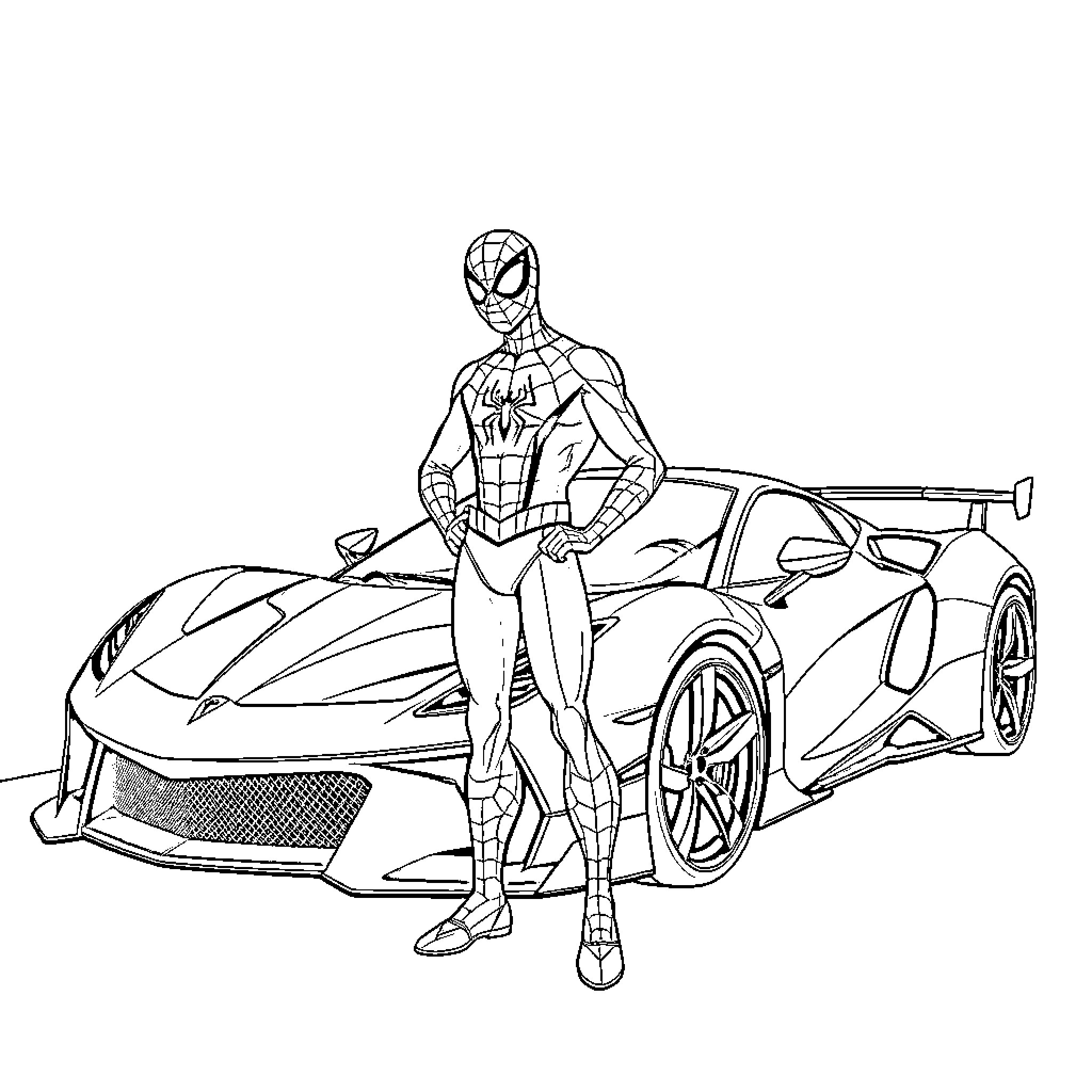 Spiderman posing with a futuristic sports car Coloring Page (free black-and-white line drawing printable PDF for all, from beginners to advanced learners, including children, teens, adults, and seniors)