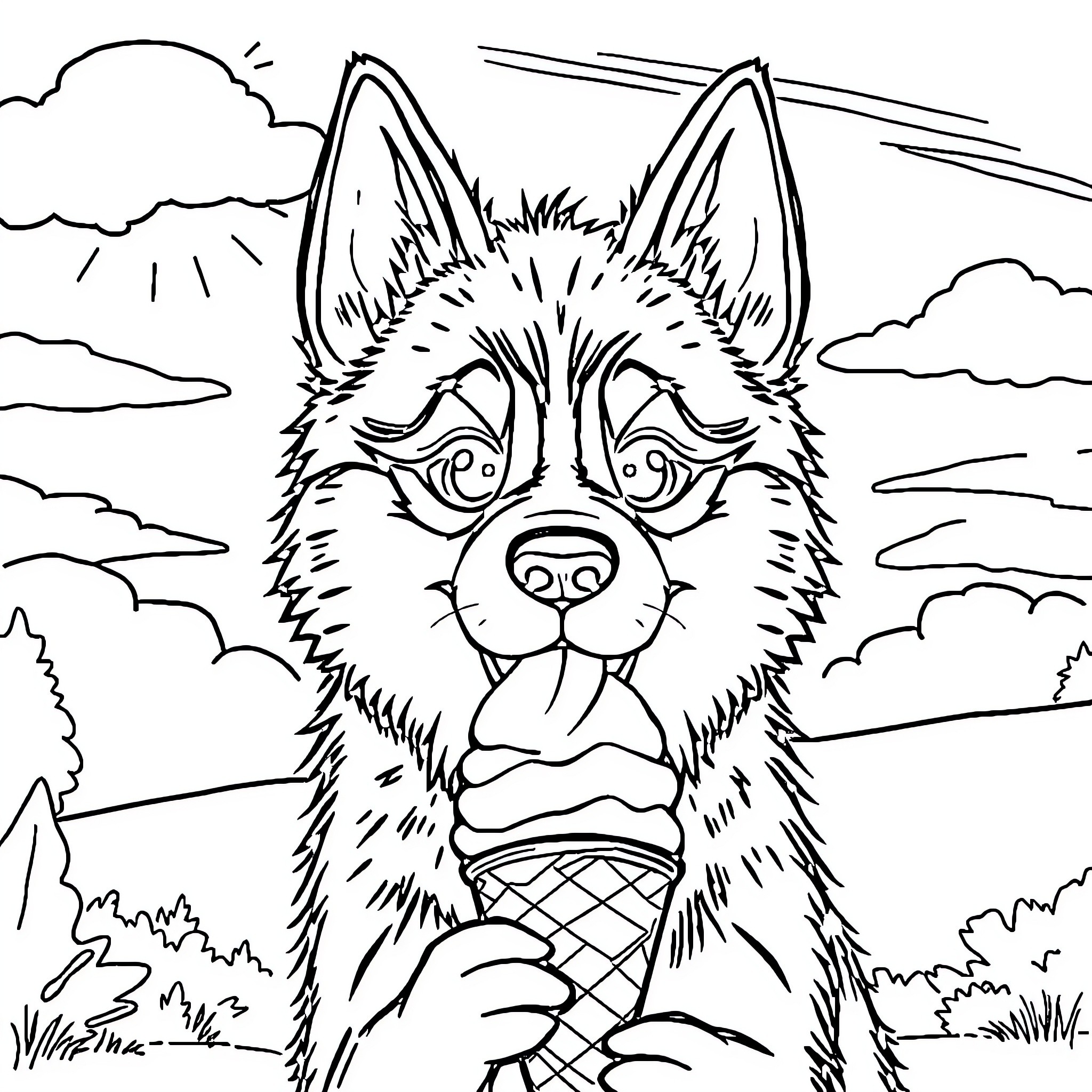 Husky enjoying an ice cream on a sunny day Coloring Page (free black-and-white line drawing printable PDF for all, from beginners to advanced learners, including children, teens, adults, and seniors)