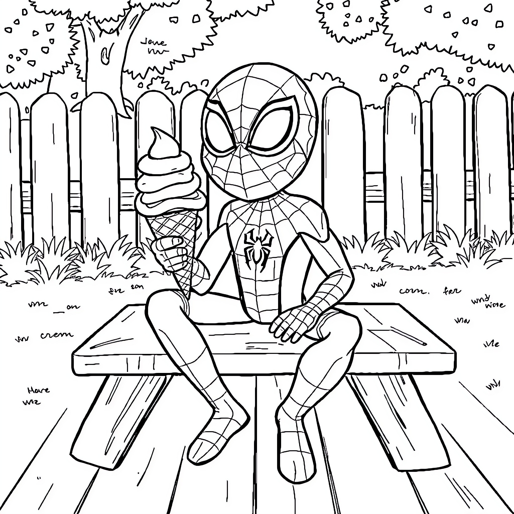Spidey enjoying an ice cream on a bench Coloring Page (free black-and-white line drawing printable PDF for all, from beginners to advanced learners, including children, teens, adults, and seniors)