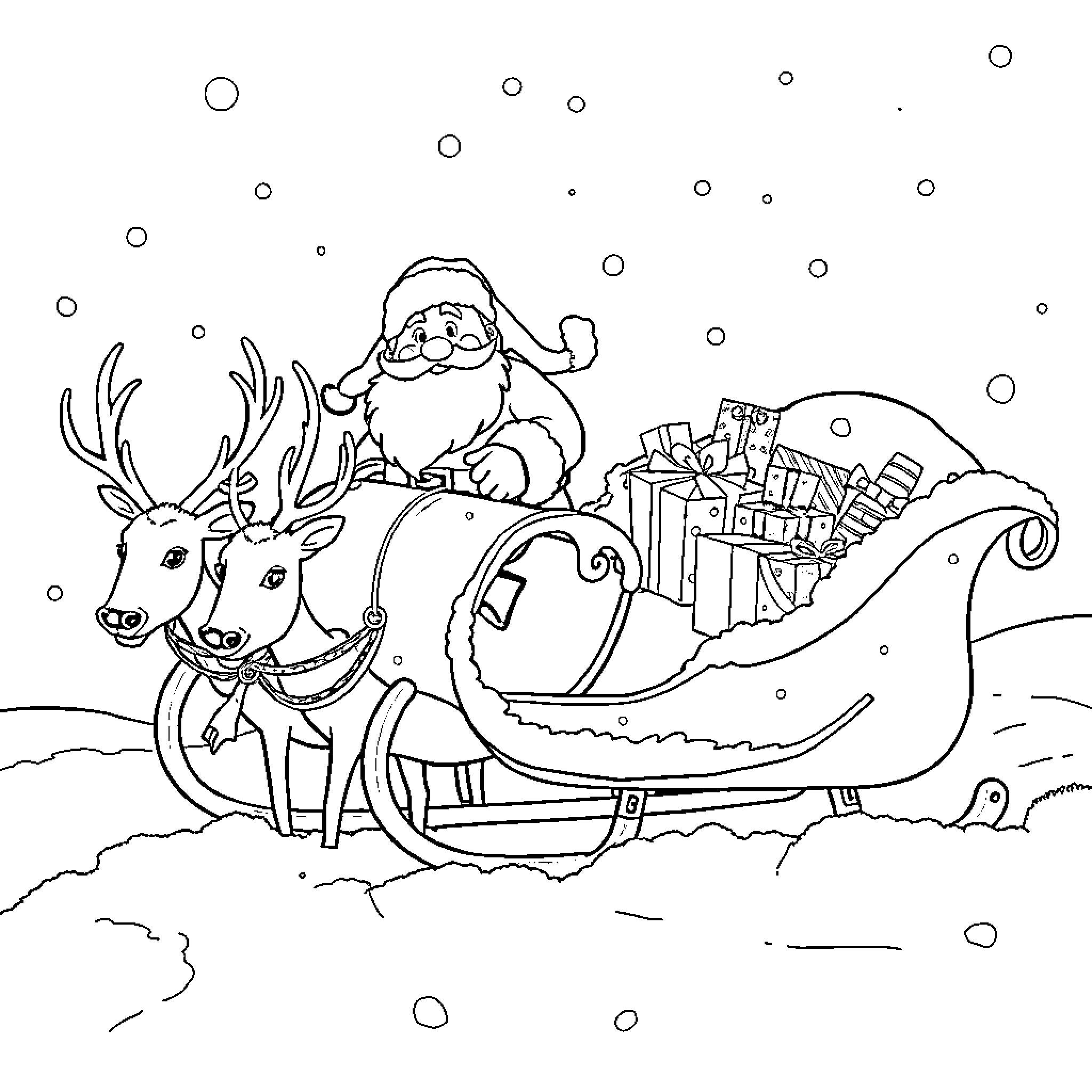 Santa riding his sleigh with reindeer through snowy landscape Coloring Page (free black-and-white line drawing printable PDF for all, from beginners to advanced learners, including children, teens, adults, and seniors)
