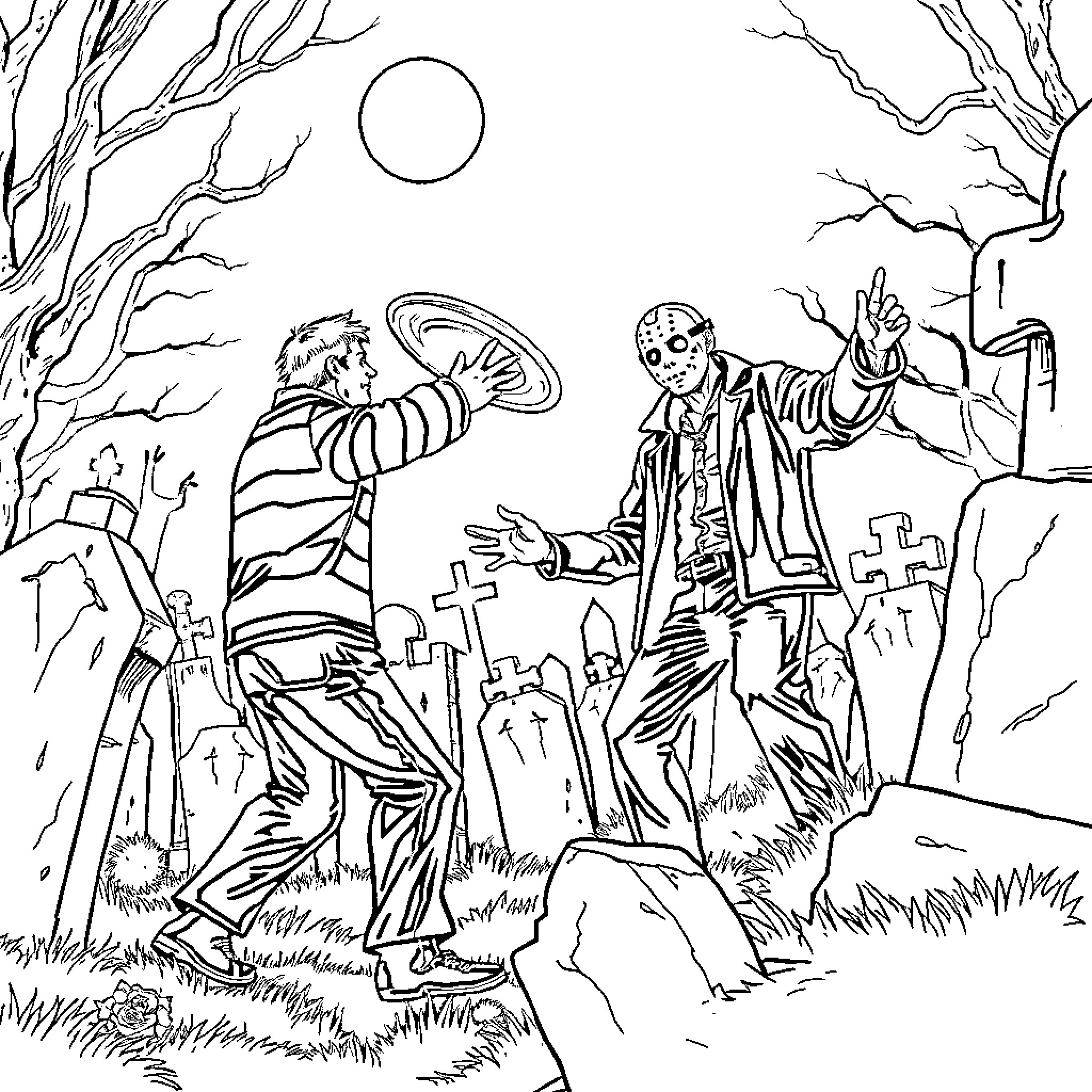 Freddy Krueger Haunting in Graveyard Coloring Page (free black-and-white line drawing printable PDF for all, from beginners to advanced learners, including children, teens, adults, and seniors)
