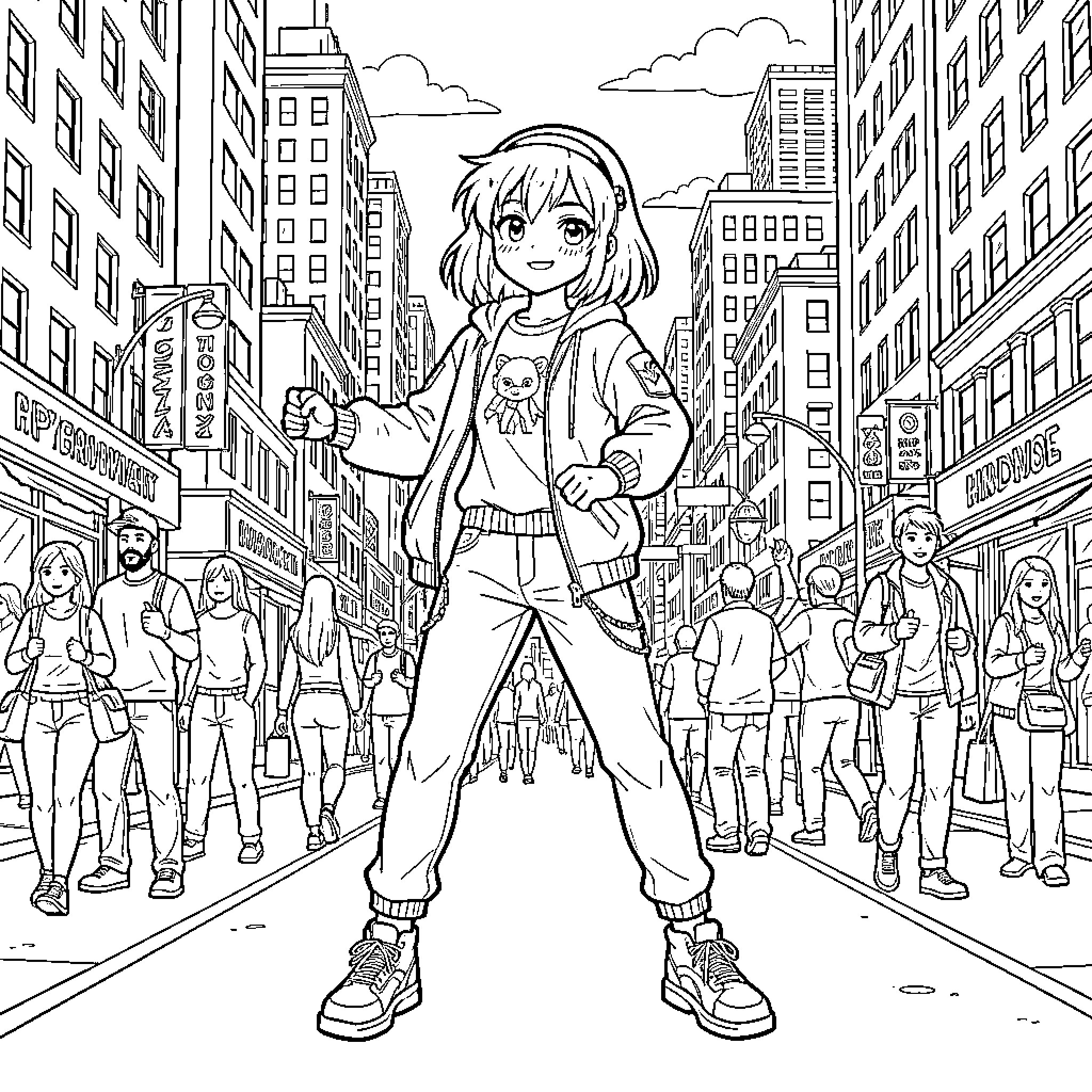Anime Girl standing confidently on a busy city street Coloring Page (free black-and-white line drawing printable PDF for all, from beginners to advanced learners, including children, teens, adults, and seniors)