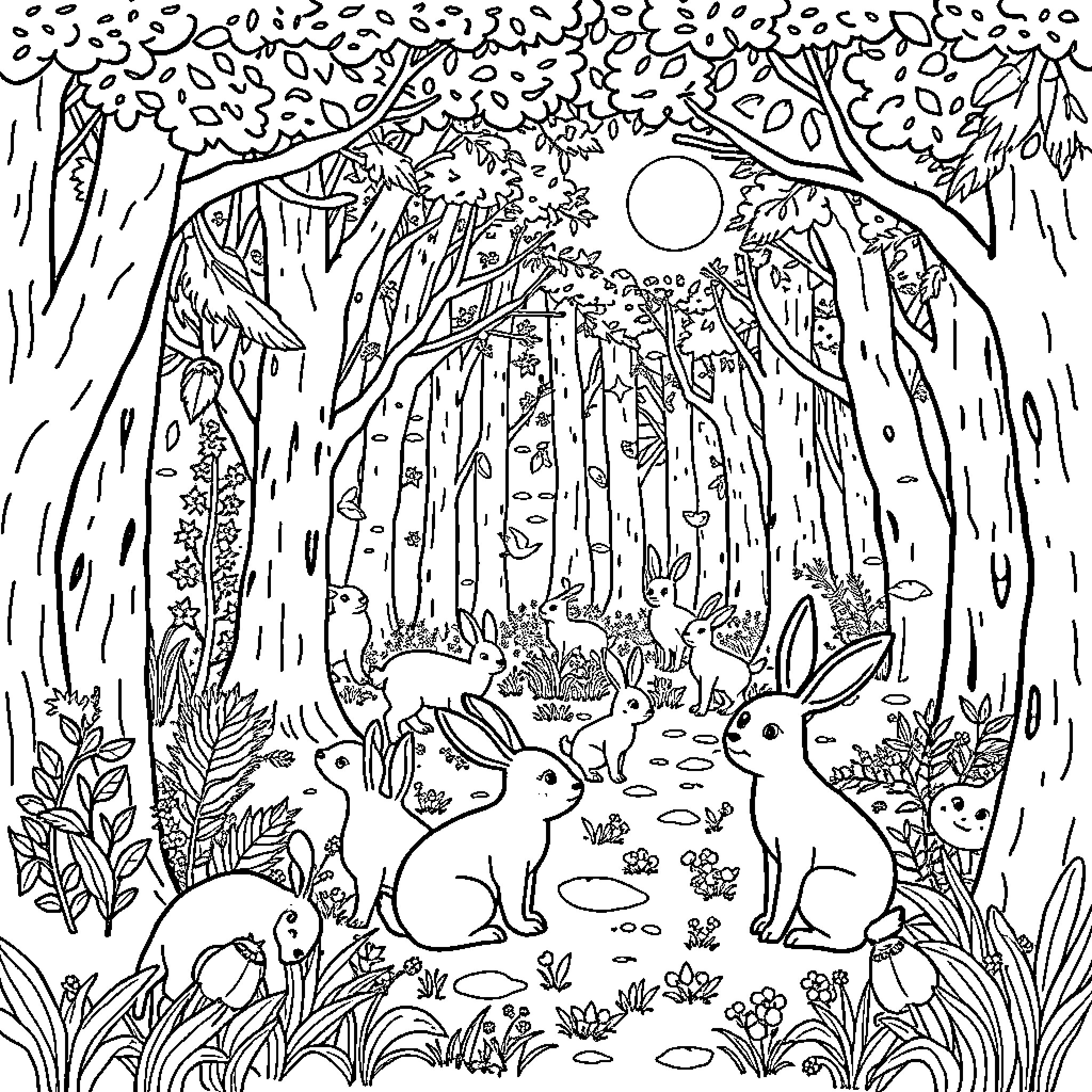 Animal Bunnies in a Whimsical Forest Scene Coloring Page (free black-and-white line drawing printable PDF for all, from beginners to advanced learners, including children, teens, adults, and seniors)