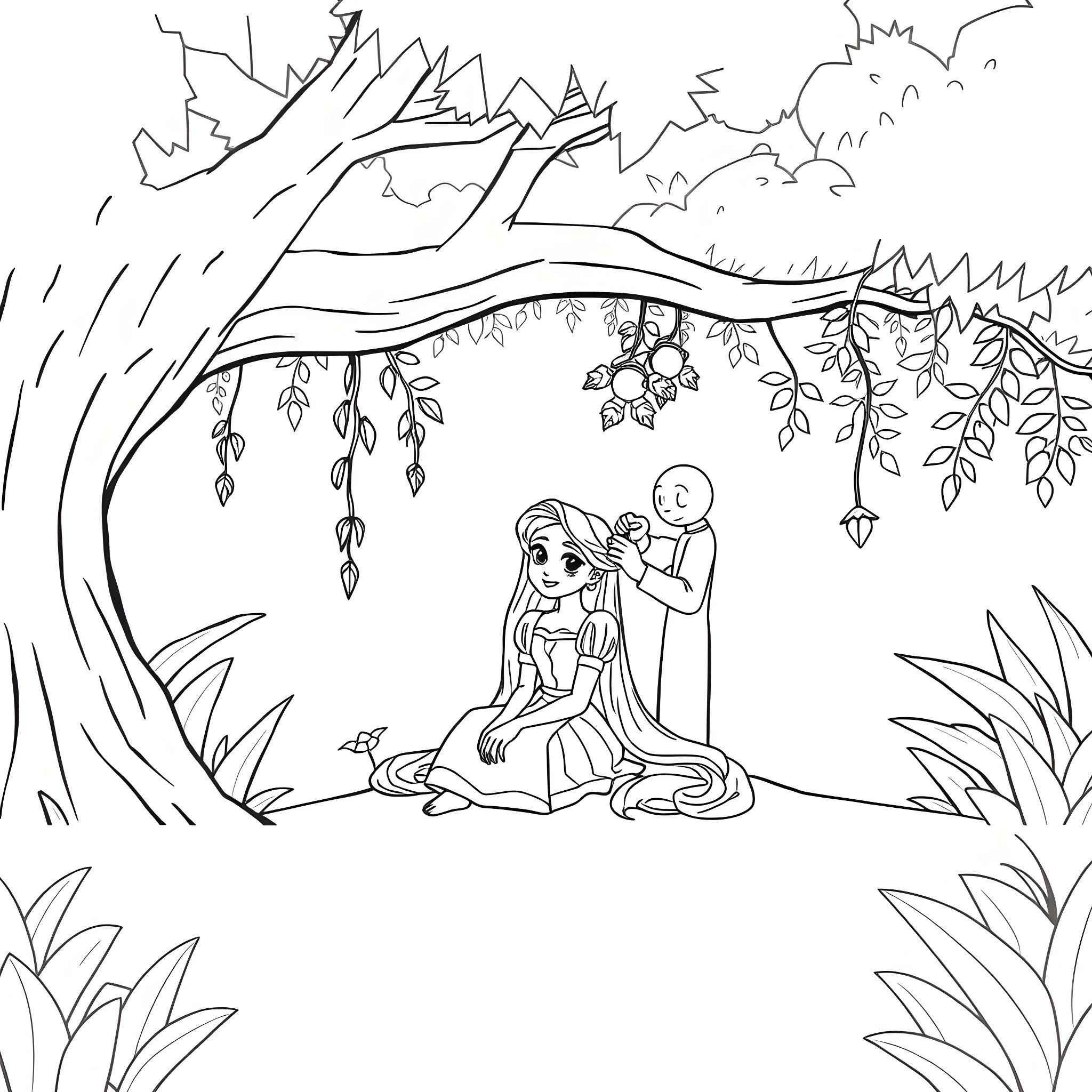 Rapunzel sitting and enjoying nature in the forest Coloring Page (free black-and-white line drawing printable PDF for all, from beginners to advanced learners, including children, teens, adults, and seniors)