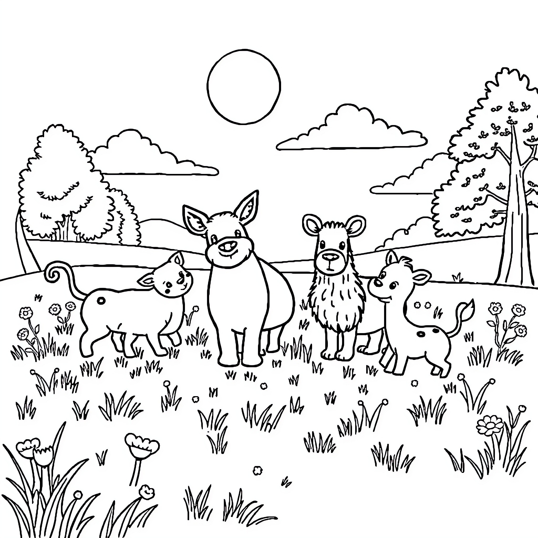 Animal friends exploring the forest landscape Coloring Page (free black-and-white line drawing printable PDF for all, from beginners to advanced learners, including children, teens, adults, and seniors)