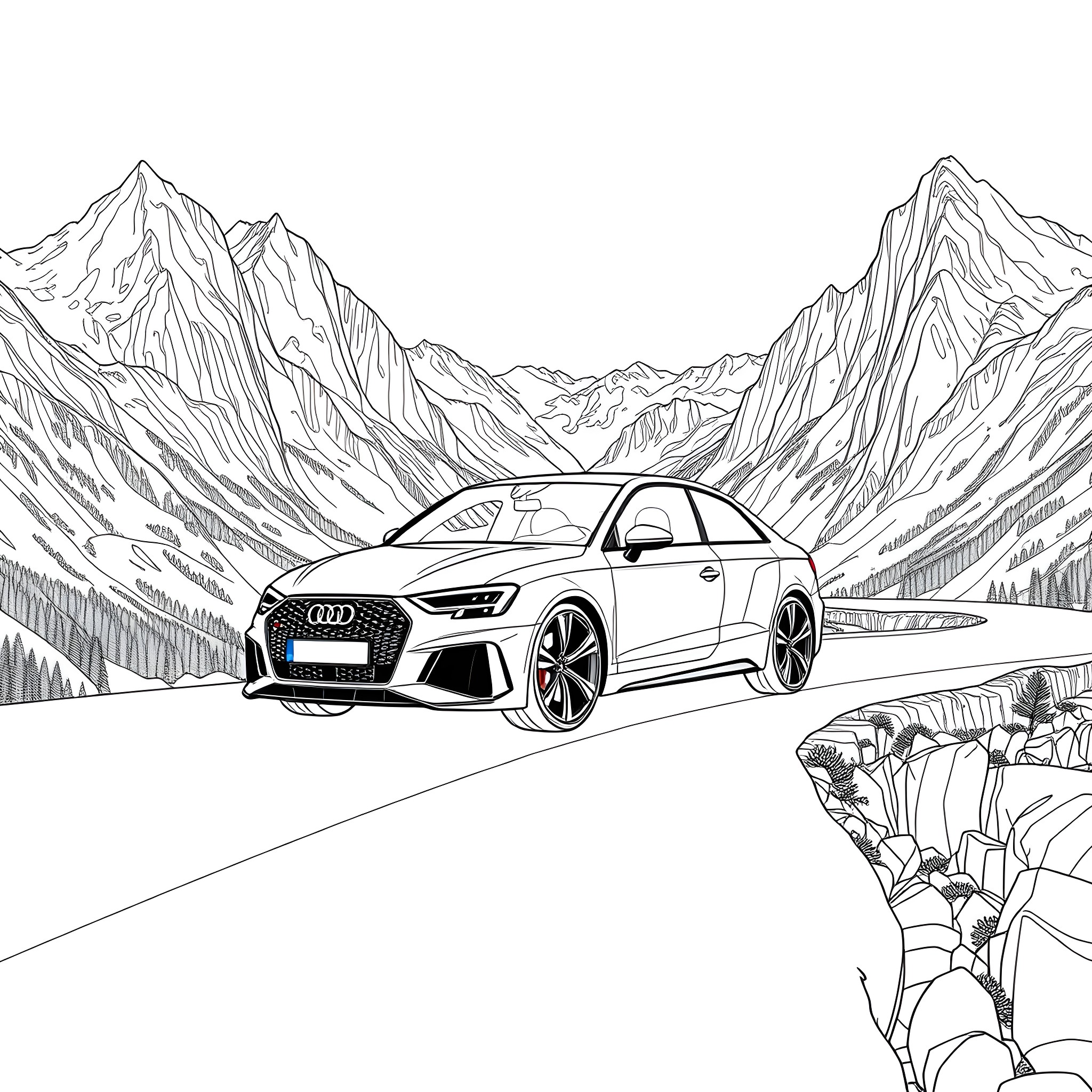 Audi supercar on mountain road adventure Coloring Page (free black-and-white line drawing printable PDF for all, from beginners to advanced learners, including children, teens, adults, and seniors)